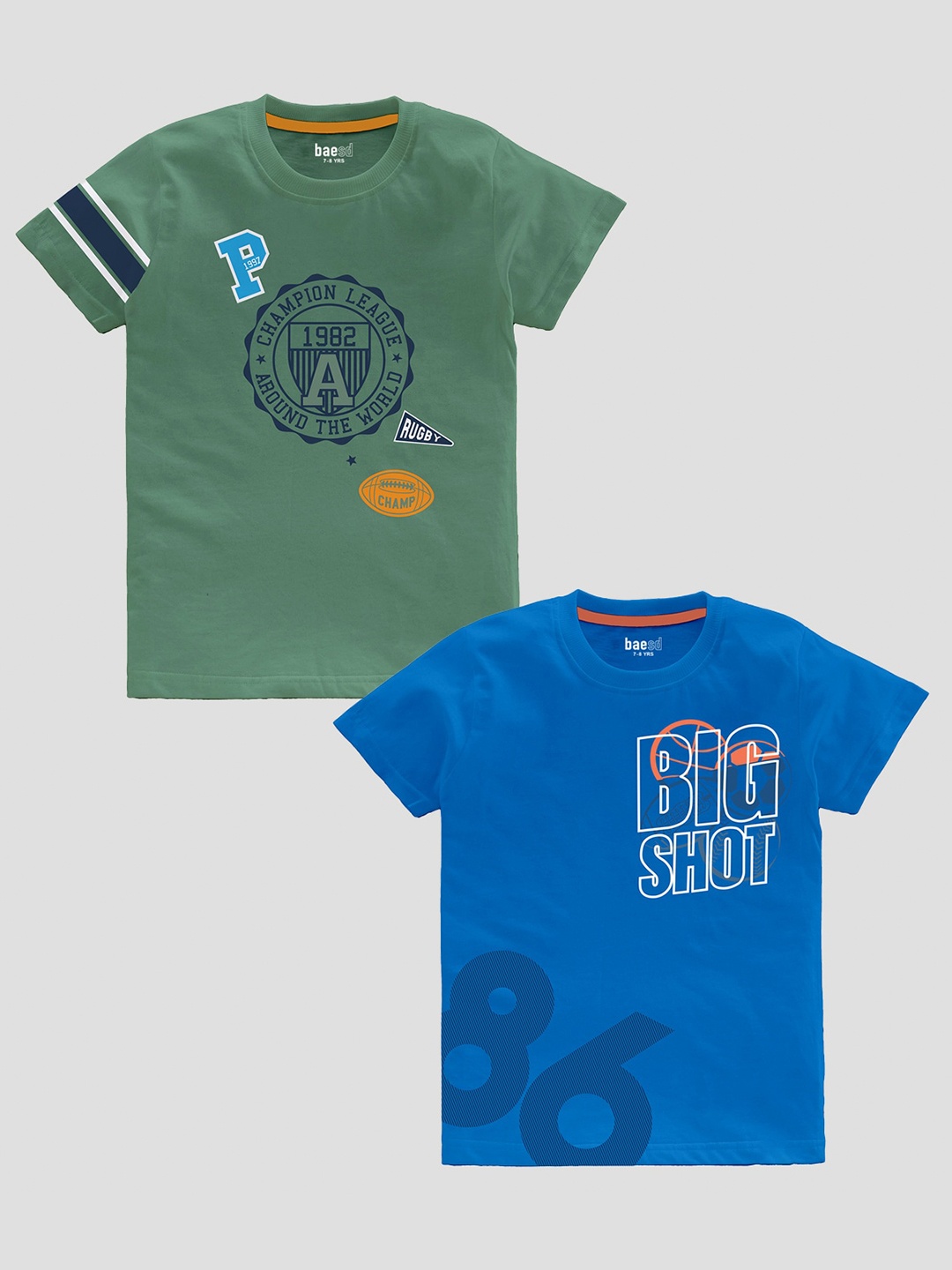 

BAESD Boys Pack Of 2 Printed Pure Cotton Slim Fit T-shirt, Green