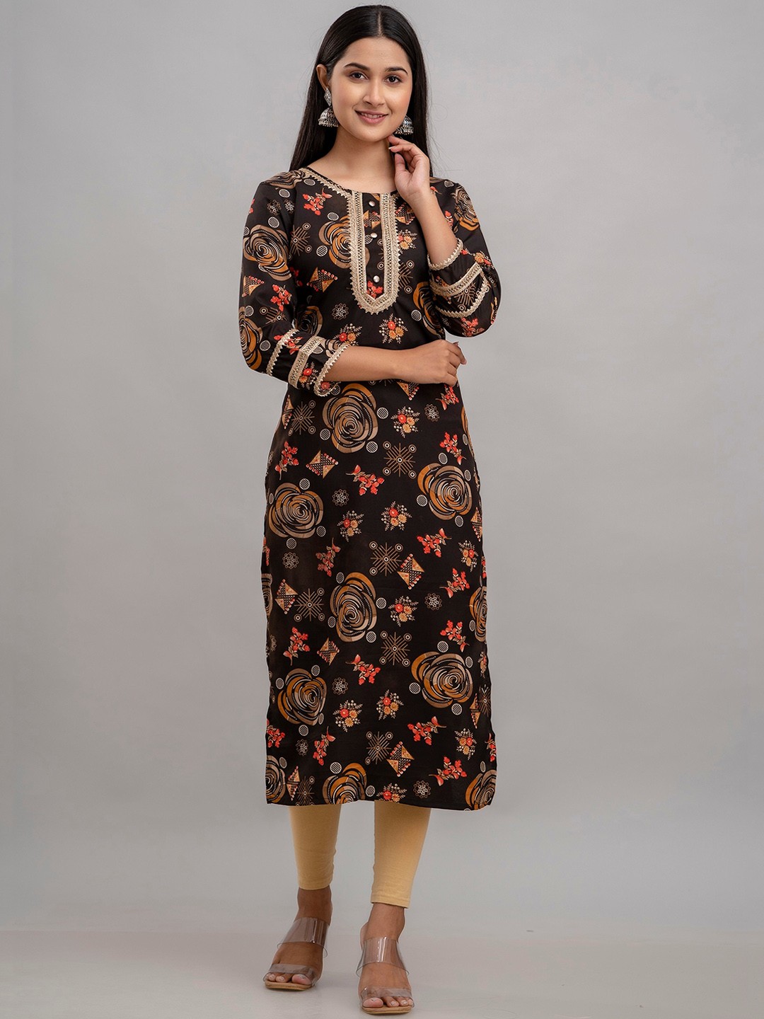 

Charu Floral Printed Gotta Patti Crepe Kurta, Brown