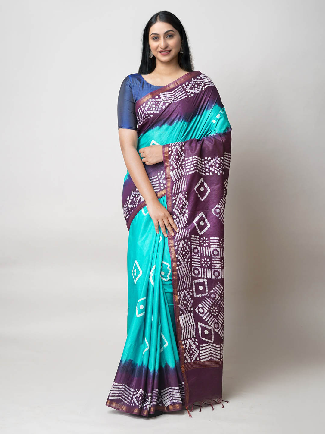 

Unnati Silks Batik Printed Zari Silk Cotton Chanderi Saree, Green