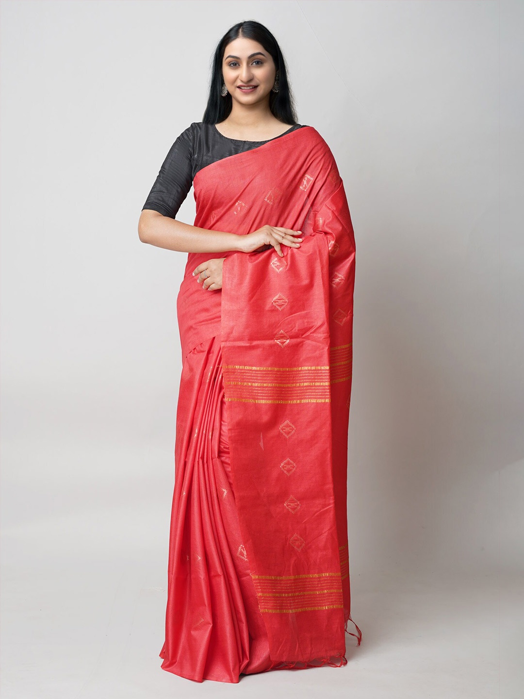 

Unnati Silks Ethnic Motif Woven Design Zari Silk Cotton Chanderi Saree, Red
