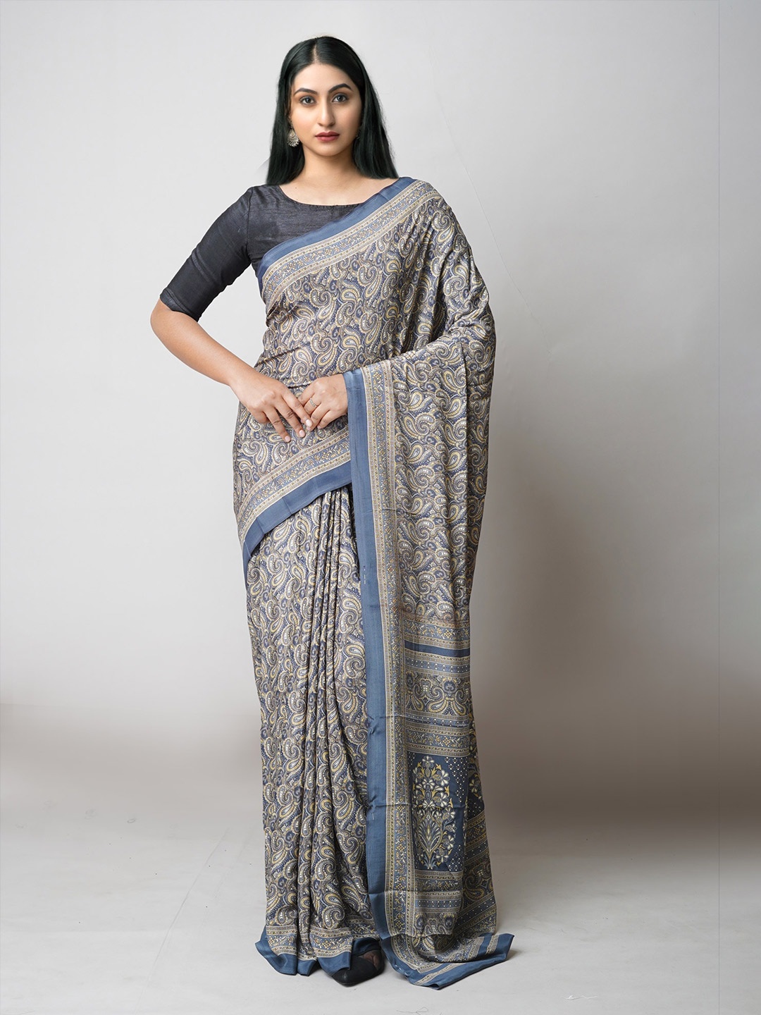 

Unnati Silks Ethnic Motifs Printed Pure Silk Block Print Saree, Blue