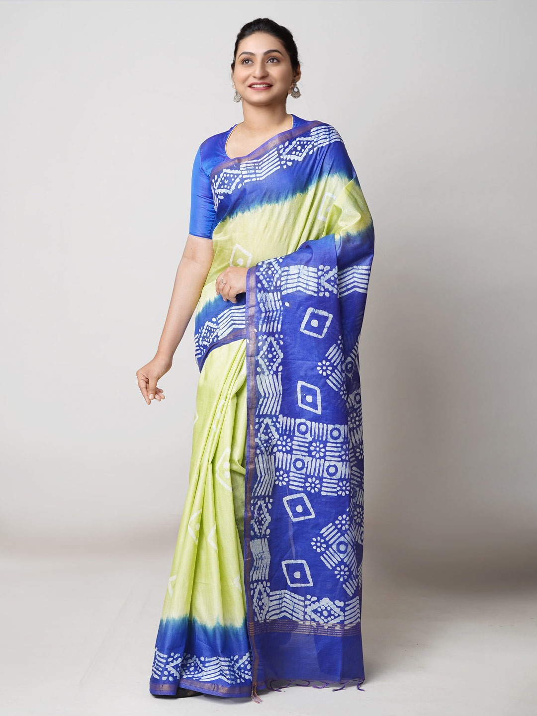 

Unnati Silks Batik Printed Zari Silk Cotton Chanderi Saree, Blue