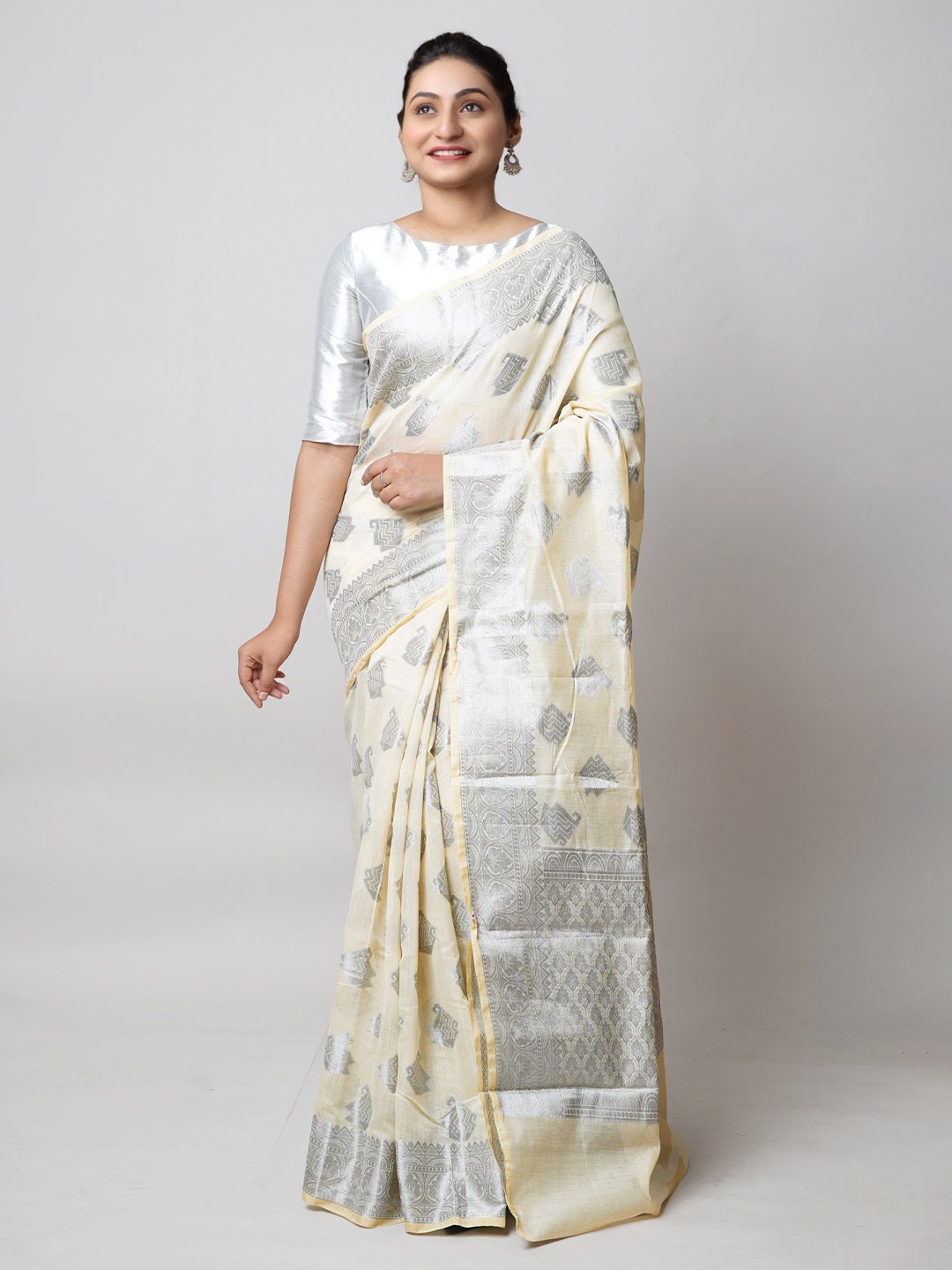 

Unnati Silks Ethnic Motifs Woven Design Zari Silk Cotton Banarasi Saree, Cream