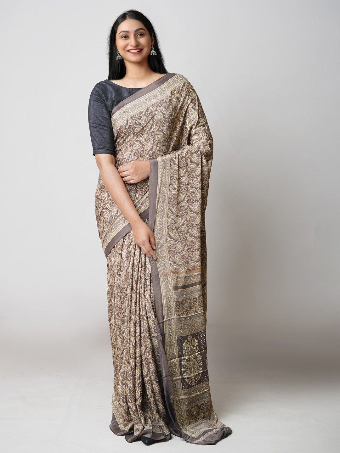 

Unnati Silks Paisley Printed Pure Silk Block Print Saree, Brown