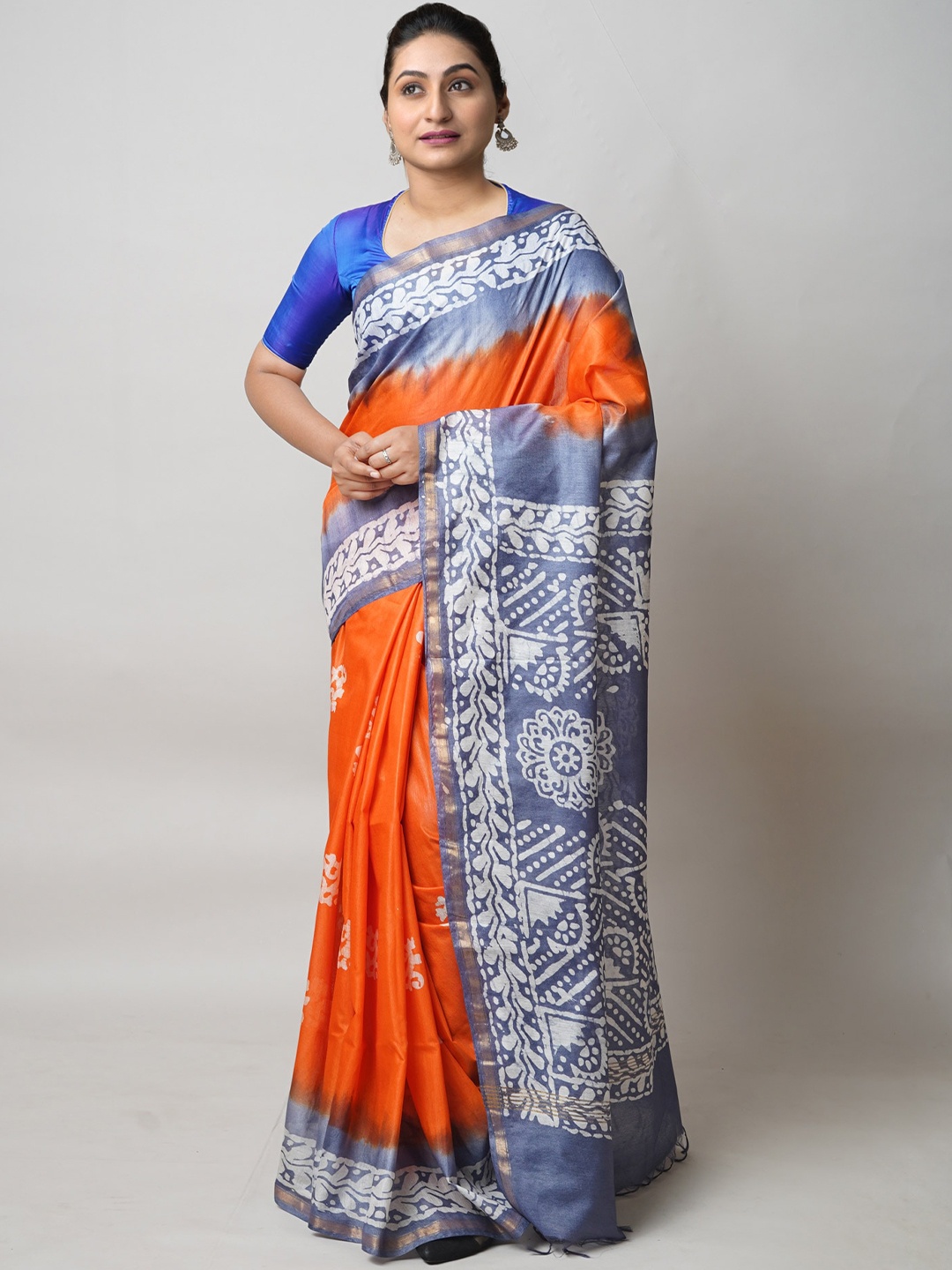

Unnati Silk Batik Printed Chanderi Silk Cotton Saree, Orange