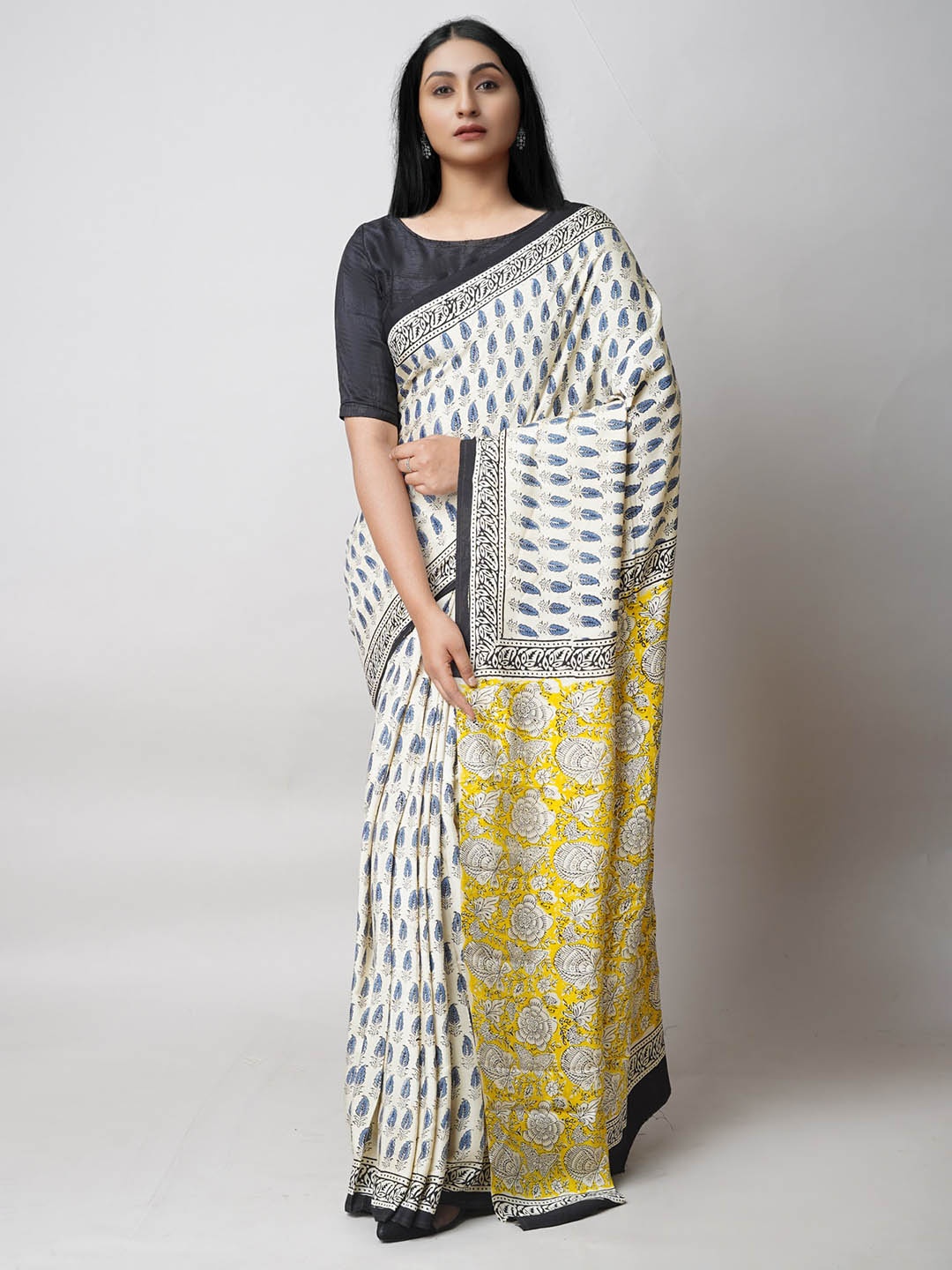 

Unnati Silks Ethnic Motifs Printed Pure Silk Bagru Saree, White