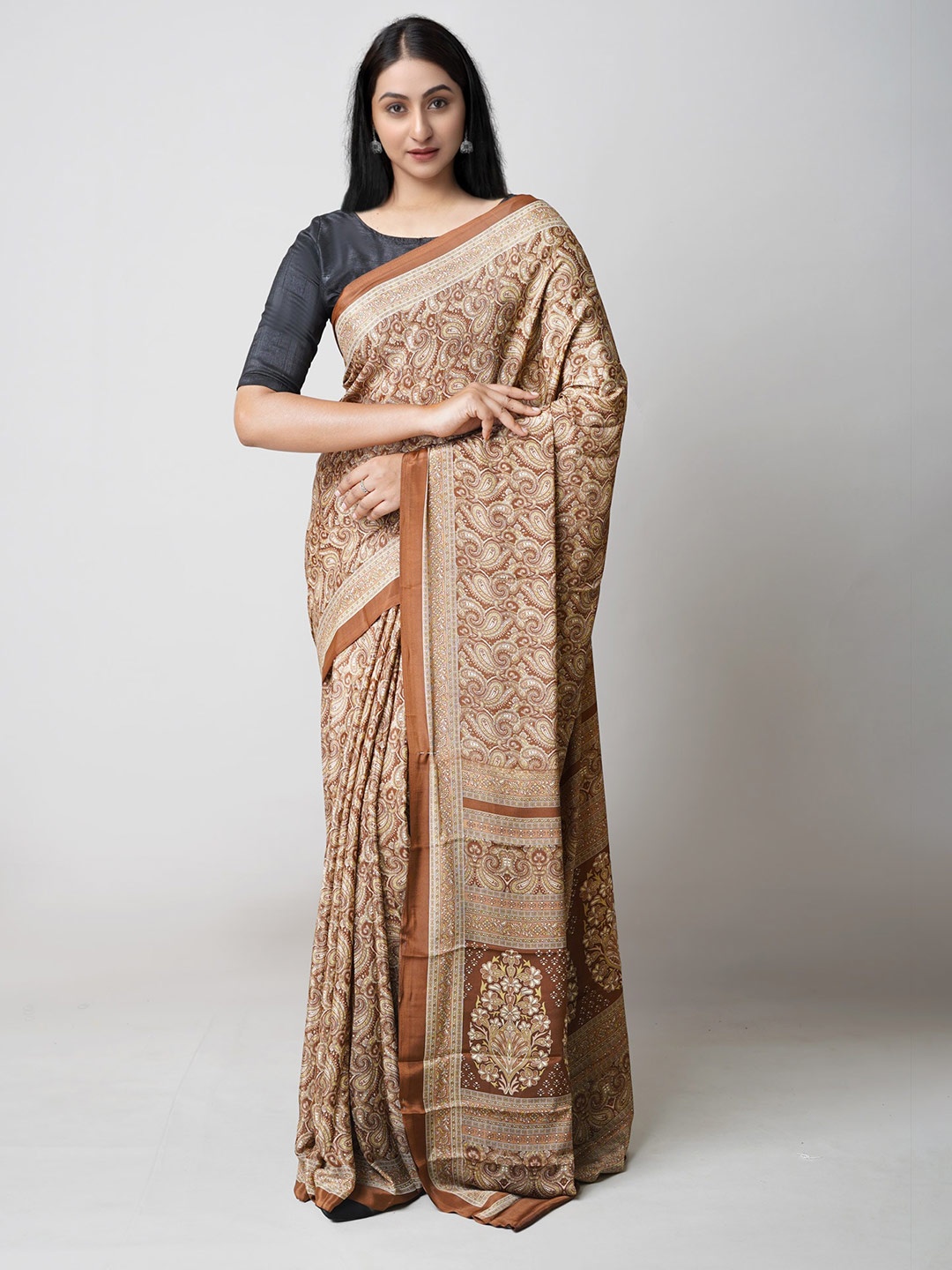 

Unnati Silks Ethnic Motifs Printed Pure Silk Block Print Saree, Brown