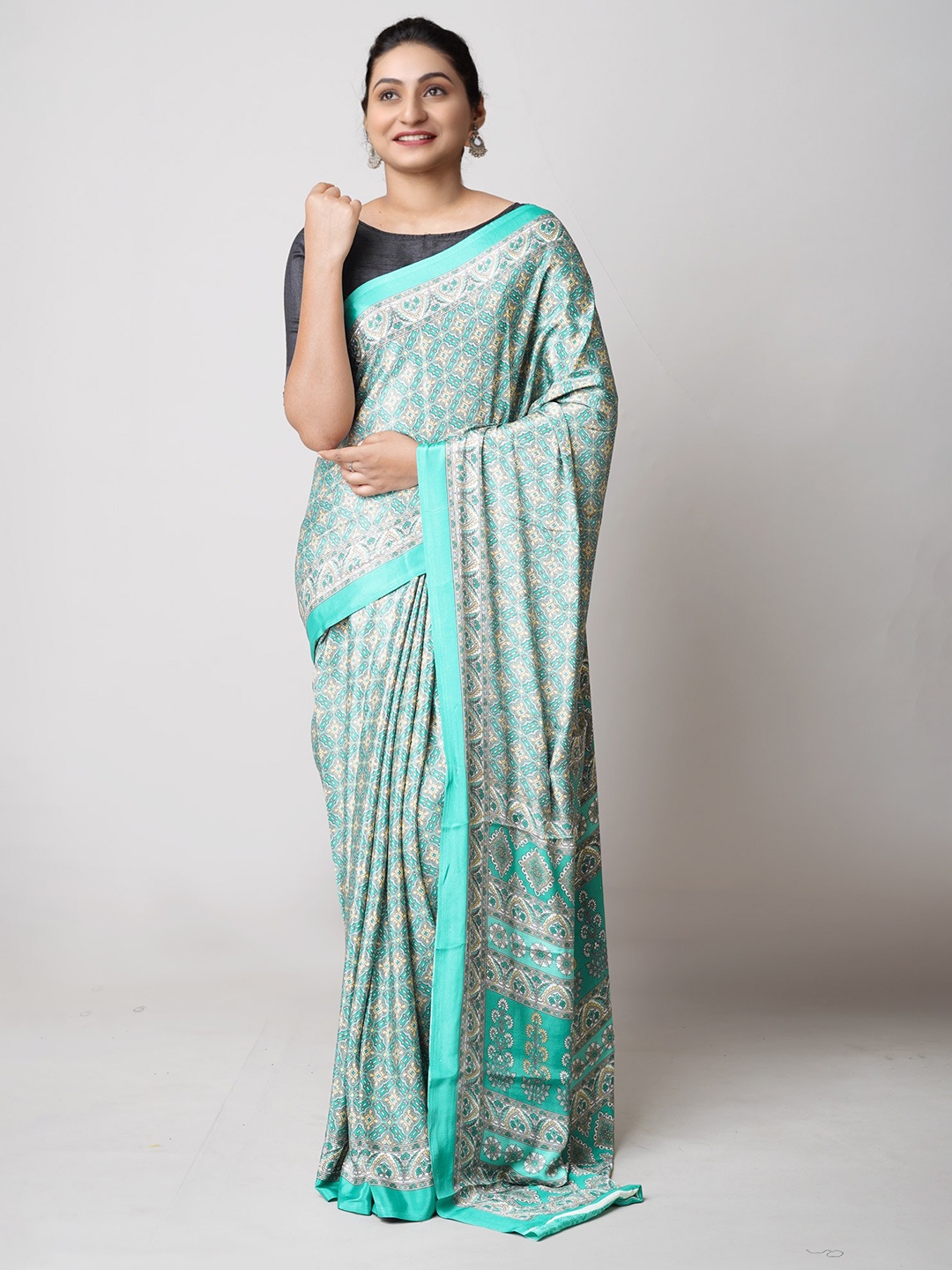 

Unnati Silks Ethnic Motifs Printed Pure Silk Block Print Saree, Green