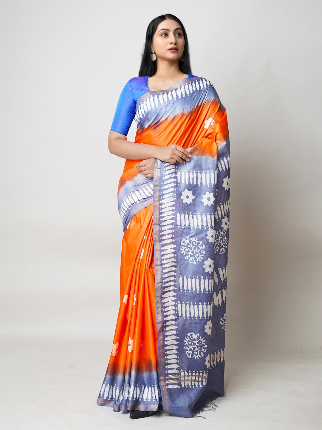 

Unnati Silks Batik Printed Zari Silk Cotton Chanderi Saree, Orange