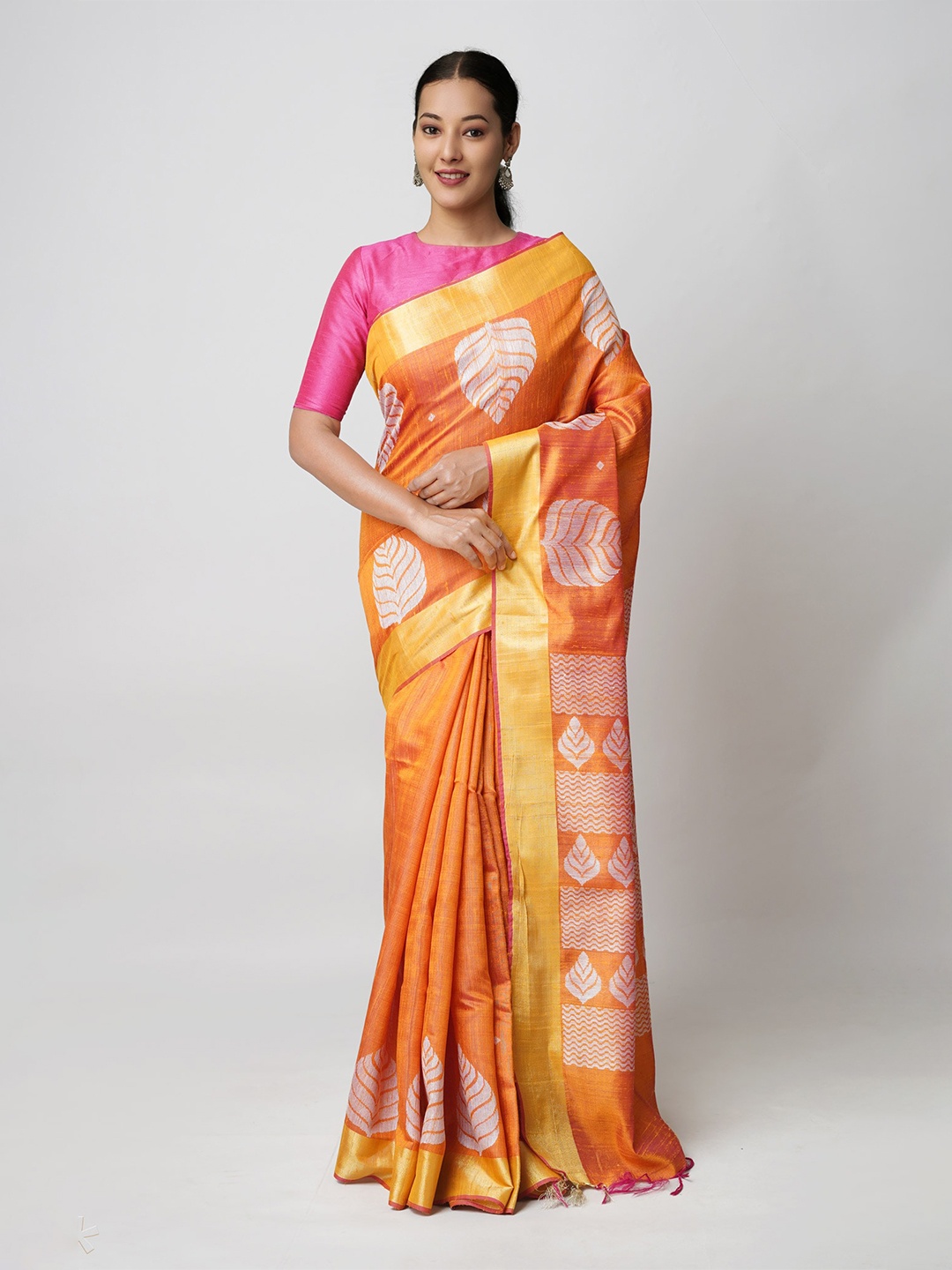 

Unnati Silks Ethnic Motif Woven Design Zari Pure Silk Jamdani Saree, Orange