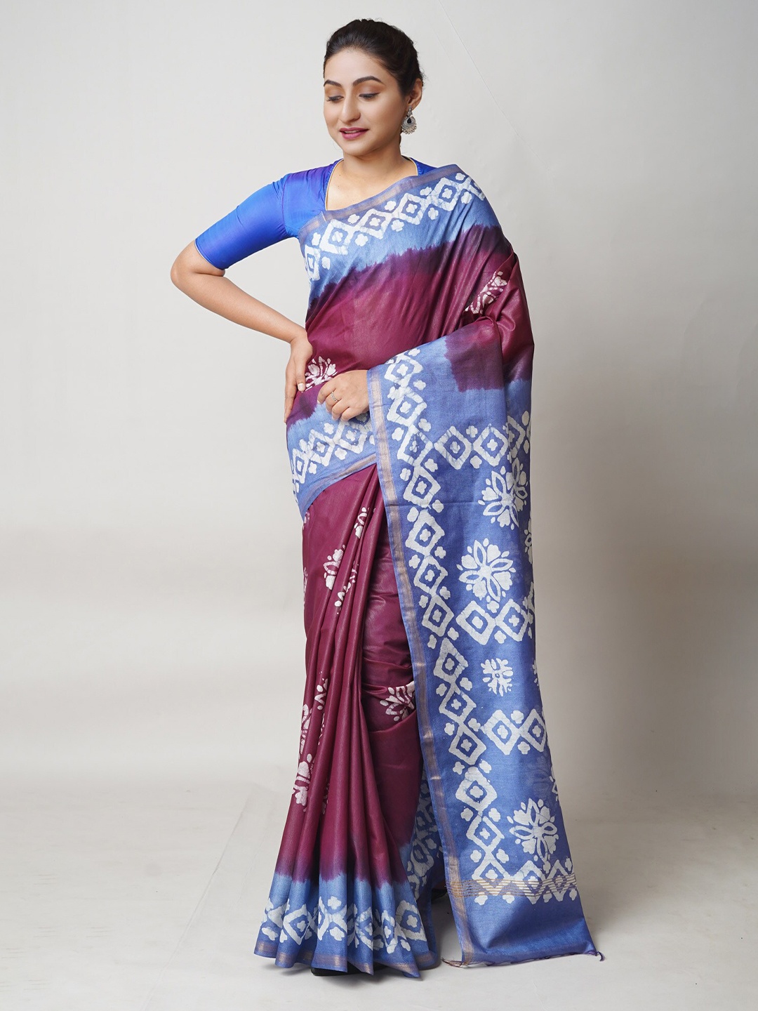

Unnati Silks Batik Printed Zari Silk Cotton Chanderi Saree, Purple