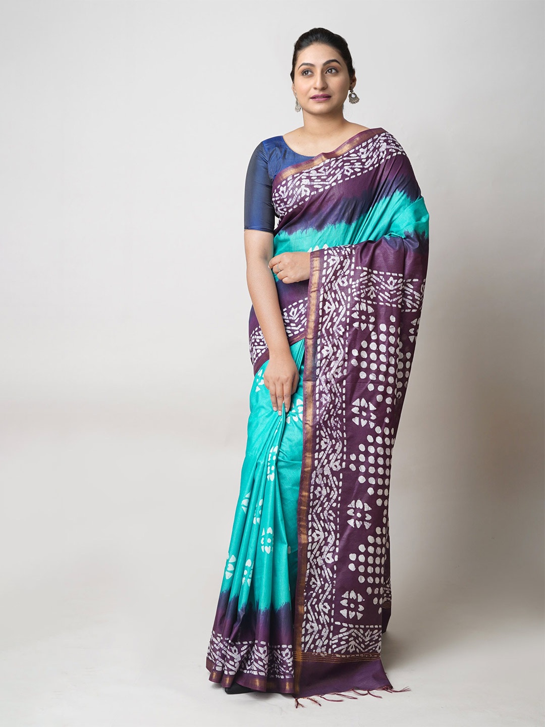 

Unnati Silks Ethnic Motifs Printed Zari Silk Cotton Chanderi Saree, Green