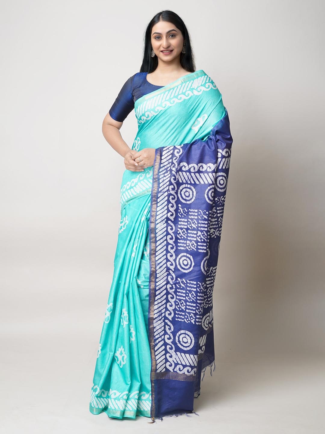 

Unnati Silks Batik Printed Zari Silk Cotton Handloom Chanderi Saree, Blue