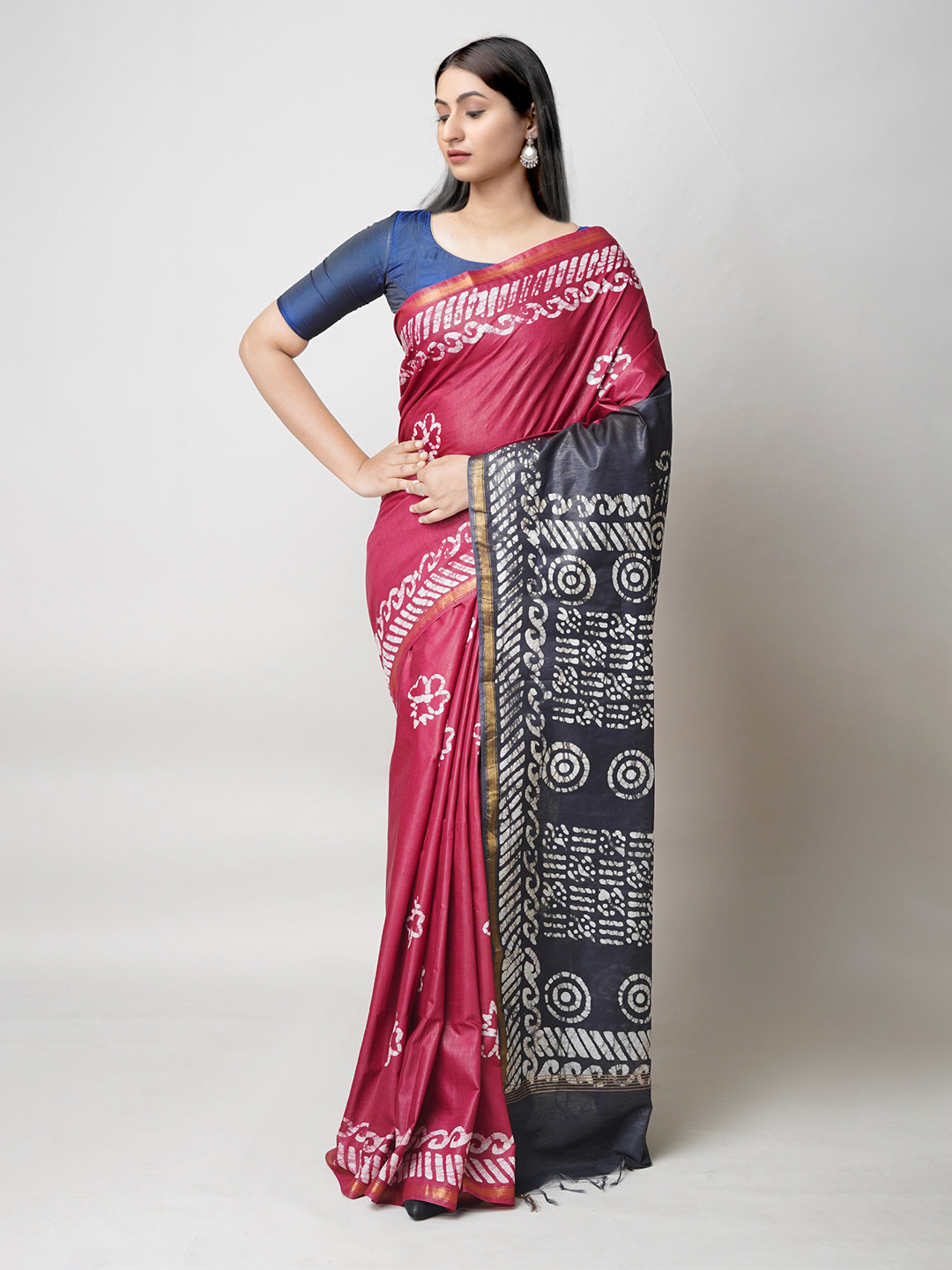 

Unnati Silks Batik Printed Zari Silk Cotton Chanderi Saree, Maroon