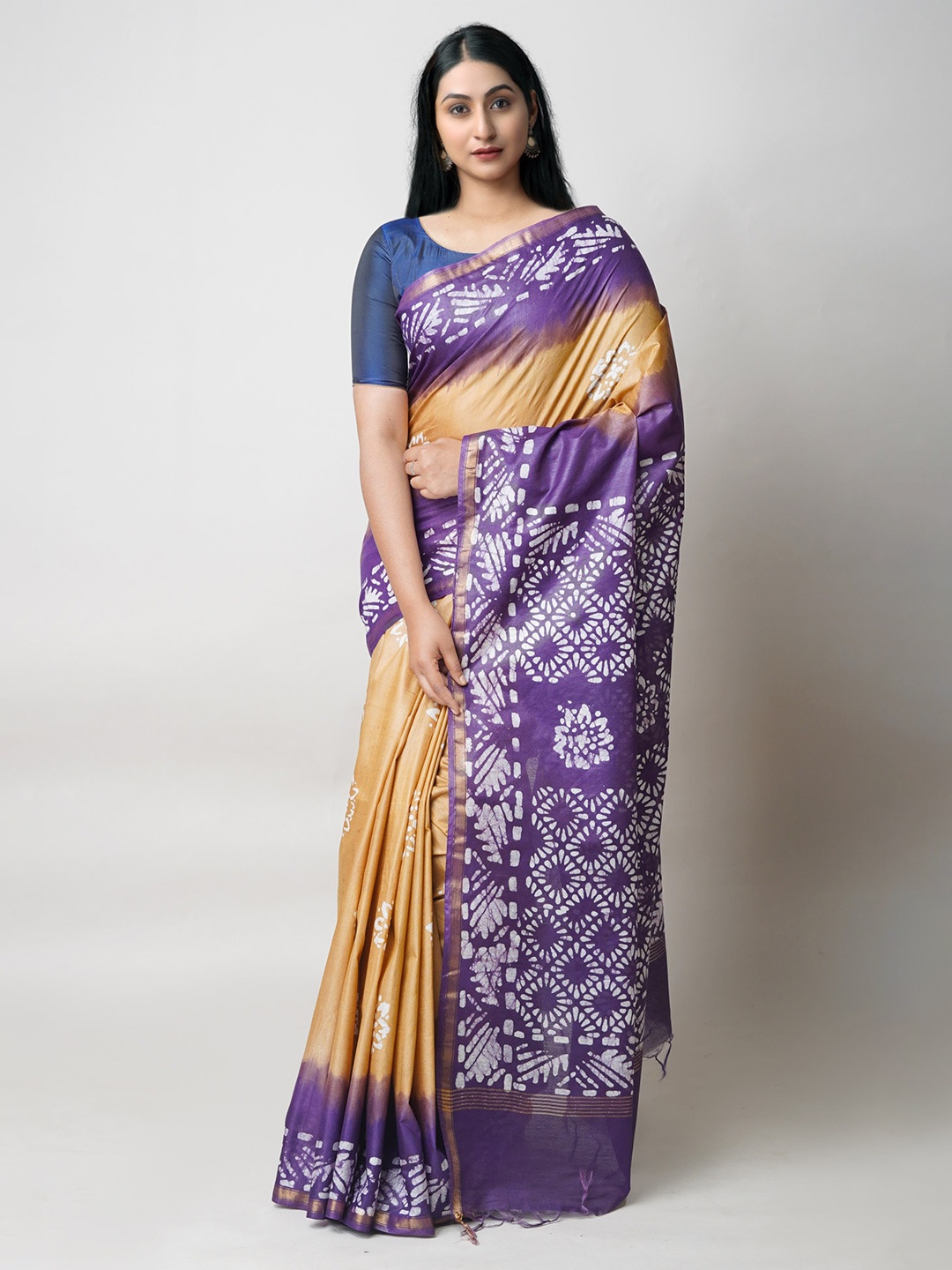 

Unnati Silks Batik Printed Zari Chanderi Silk Cotton Saree, Purple