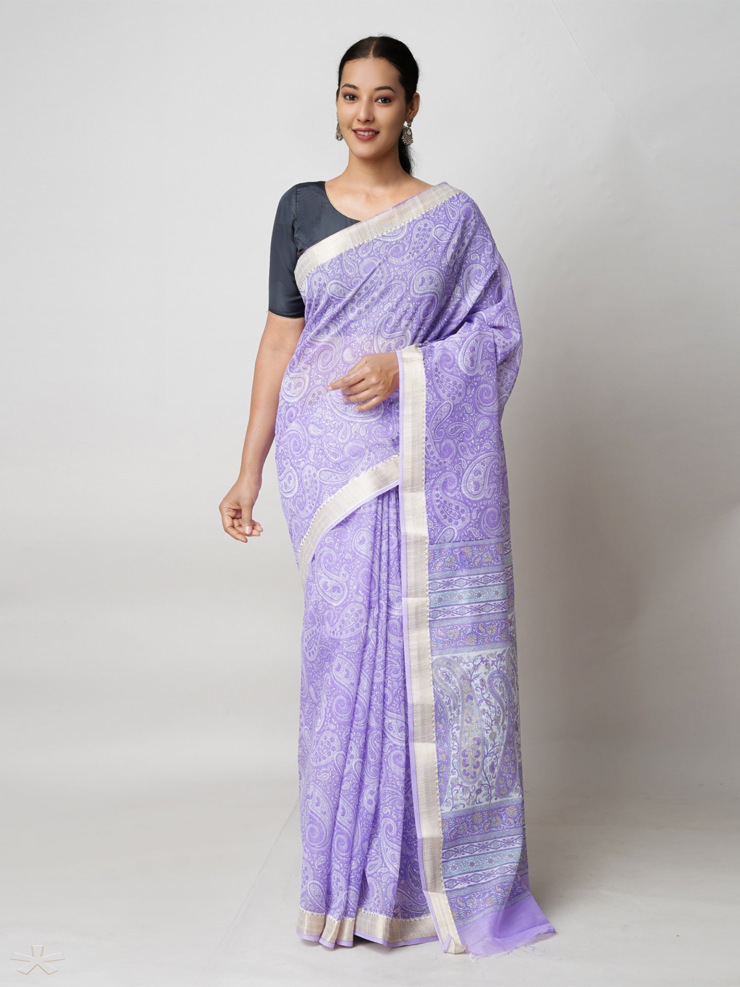 

Unnati Silks Paisley Printed Zari Silk Cotton Chanderi Saree, Violet