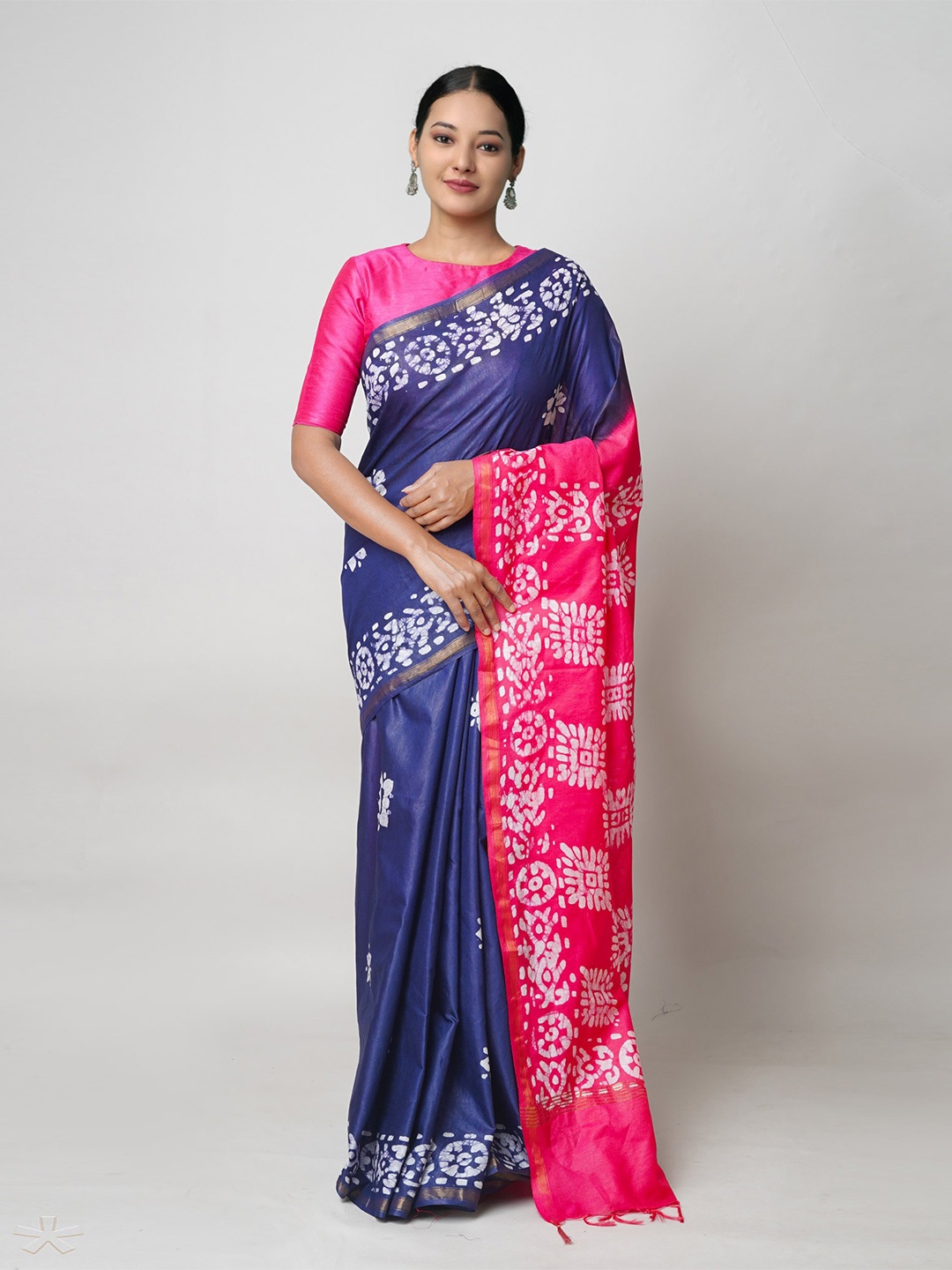 

Unnati Silks Batik Prinetd Zari Silk Cotton Chanderi Saree, Blue