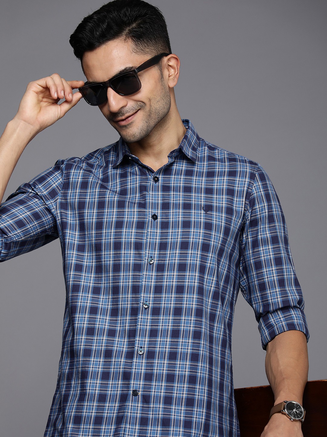 

Allen Solly Sport Slim Fit Checked Pure Cotton Casual Shirt, Blue