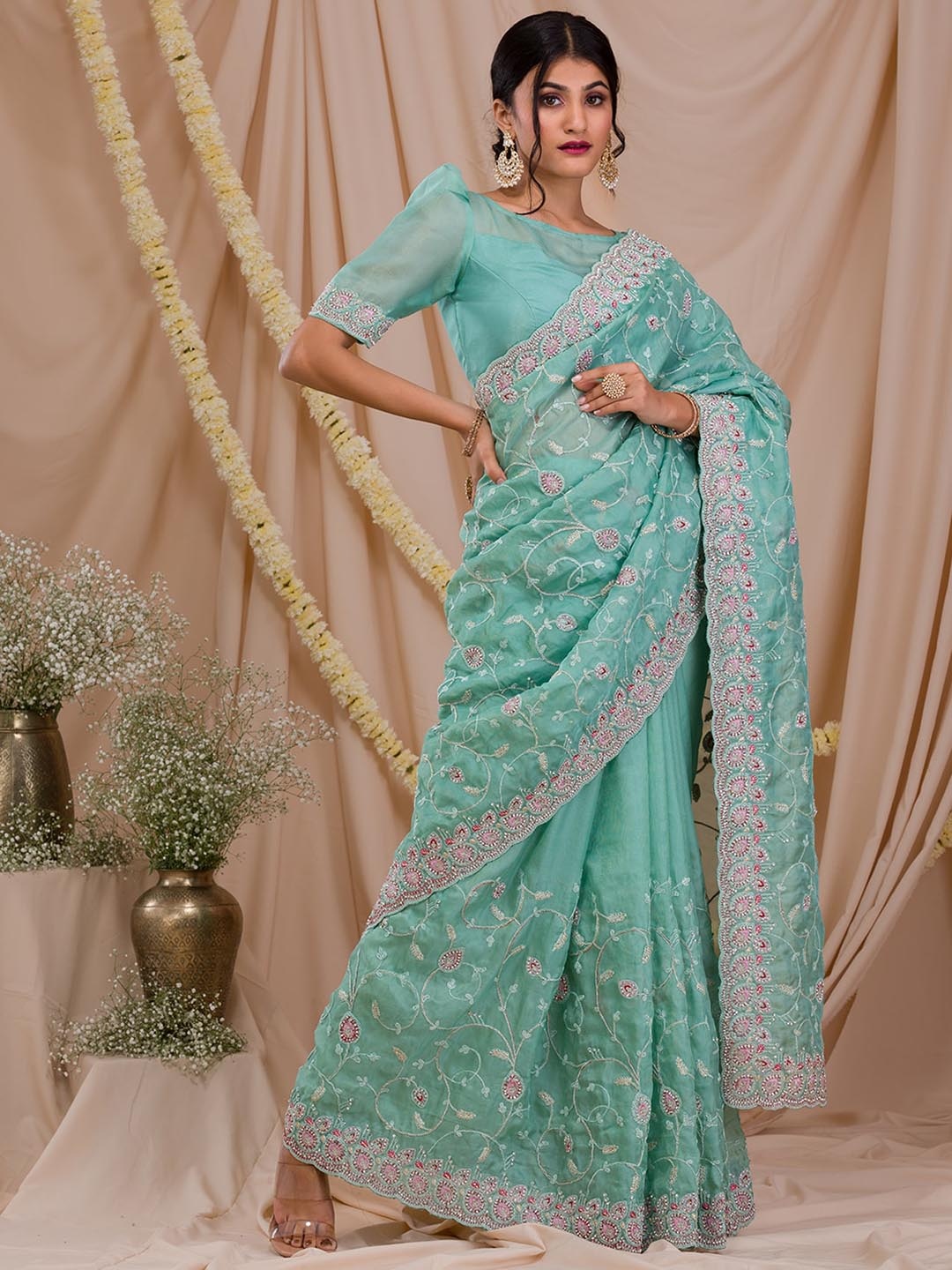 

Koskii Floral Embroidered Beads and Stones Embellished Supernet Saree, Green