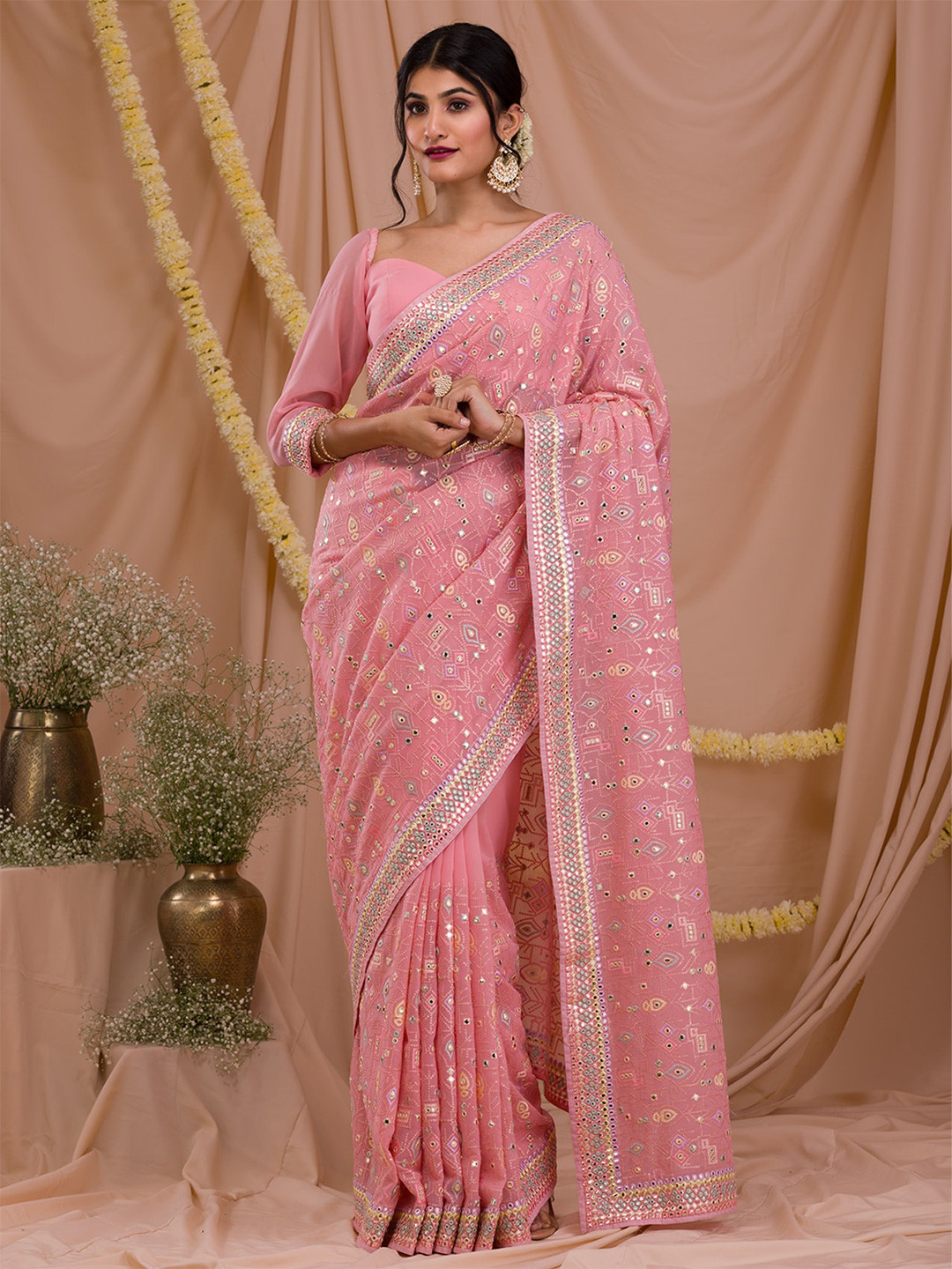 

Koskii Ethnic Motifs Embroidered Mirror Work Detail Pure Georgette Saree, Pink