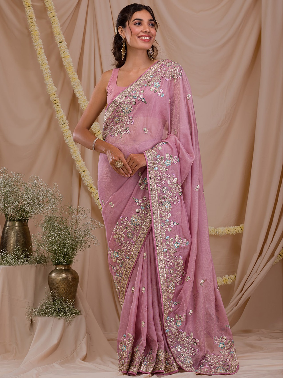 

Koskii Floral Embroidered Supernet Heavy Work Saree, Lavender