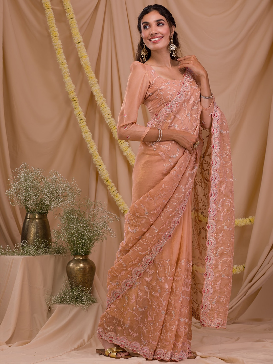 

Koskii Floral Embroidered Beads & Stones Detail Supernet Saree, Peach