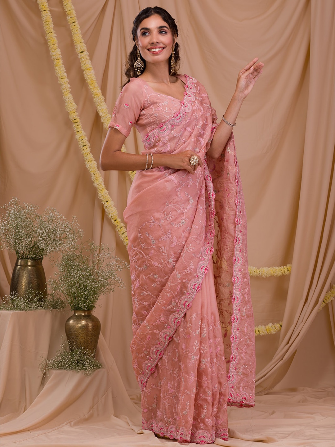 

Koskii Ethnic Motifs Embroidered Supernet Saree, Pink