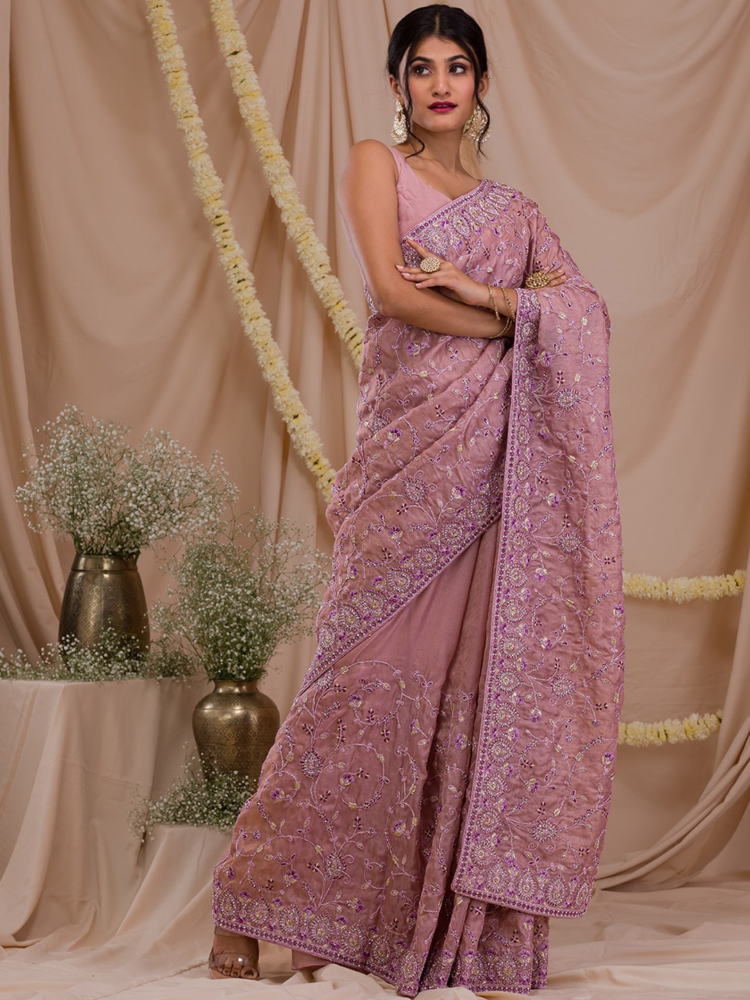 

Koskii Floral Embroidered Supernet Saree, Lavender