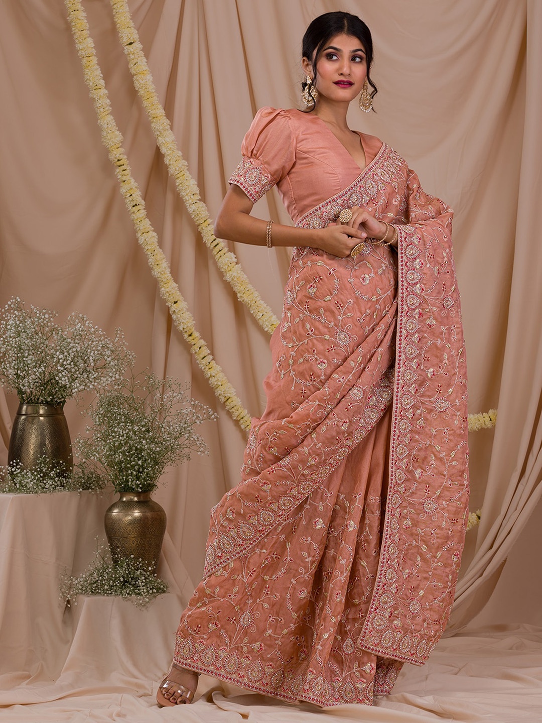 Koskii Floral Embroidered Supernet Heavy Work Saree, Peach