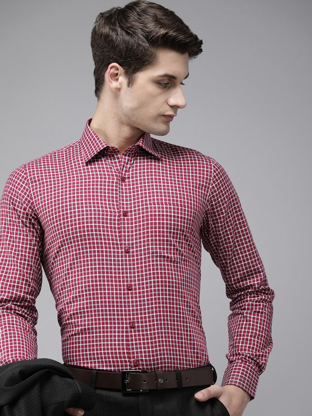 

Van Heusen Pure Cotton Slim Fit Opaque Checked Formal Shirt, Maroon