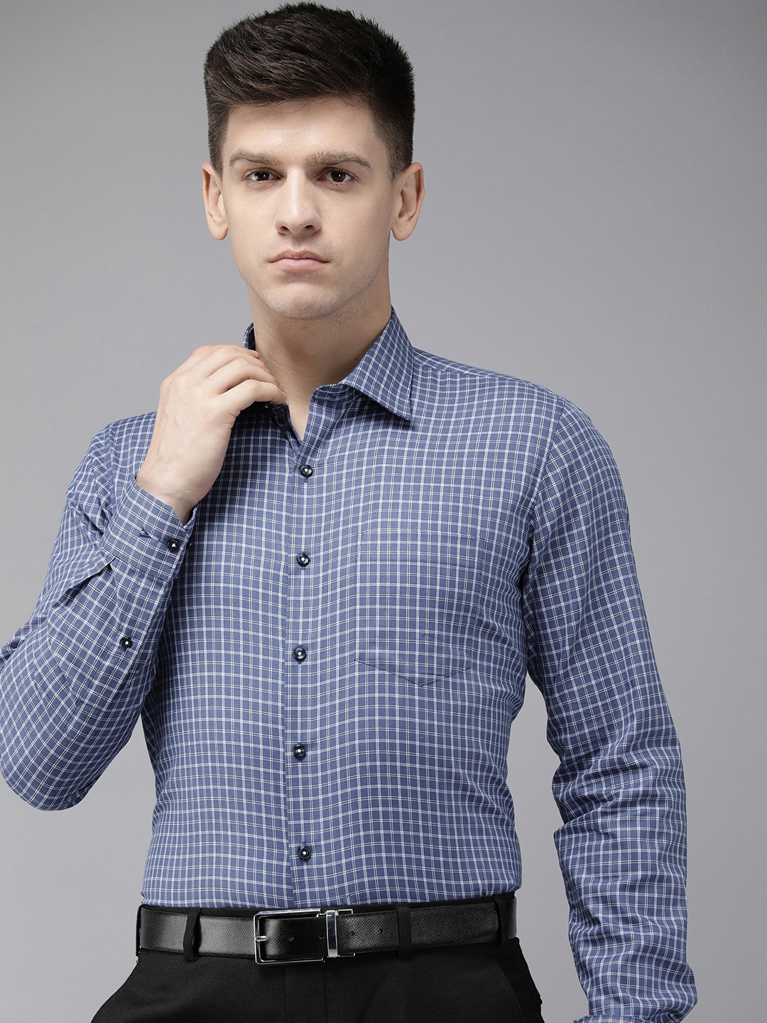 

Van Heusen Pure Cotton Slim Fit Opaque Checked Formal Shirt, Blue