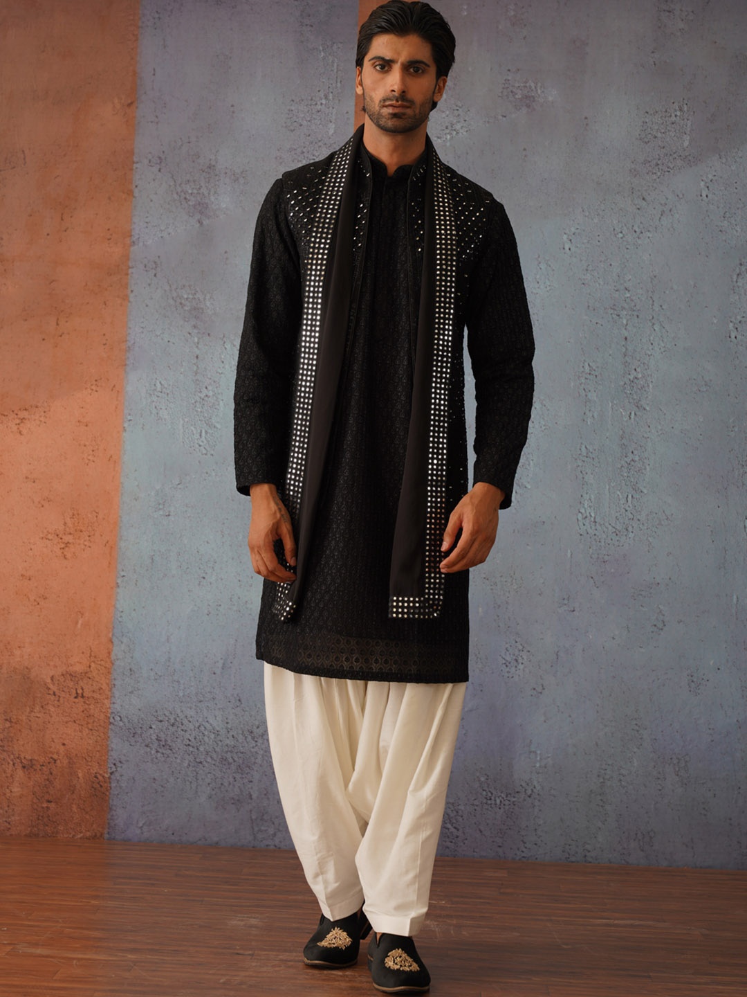 

KALPRAAG Hand Embroidered Mirror Work Kurta Jacket Set with Dupatta, Black