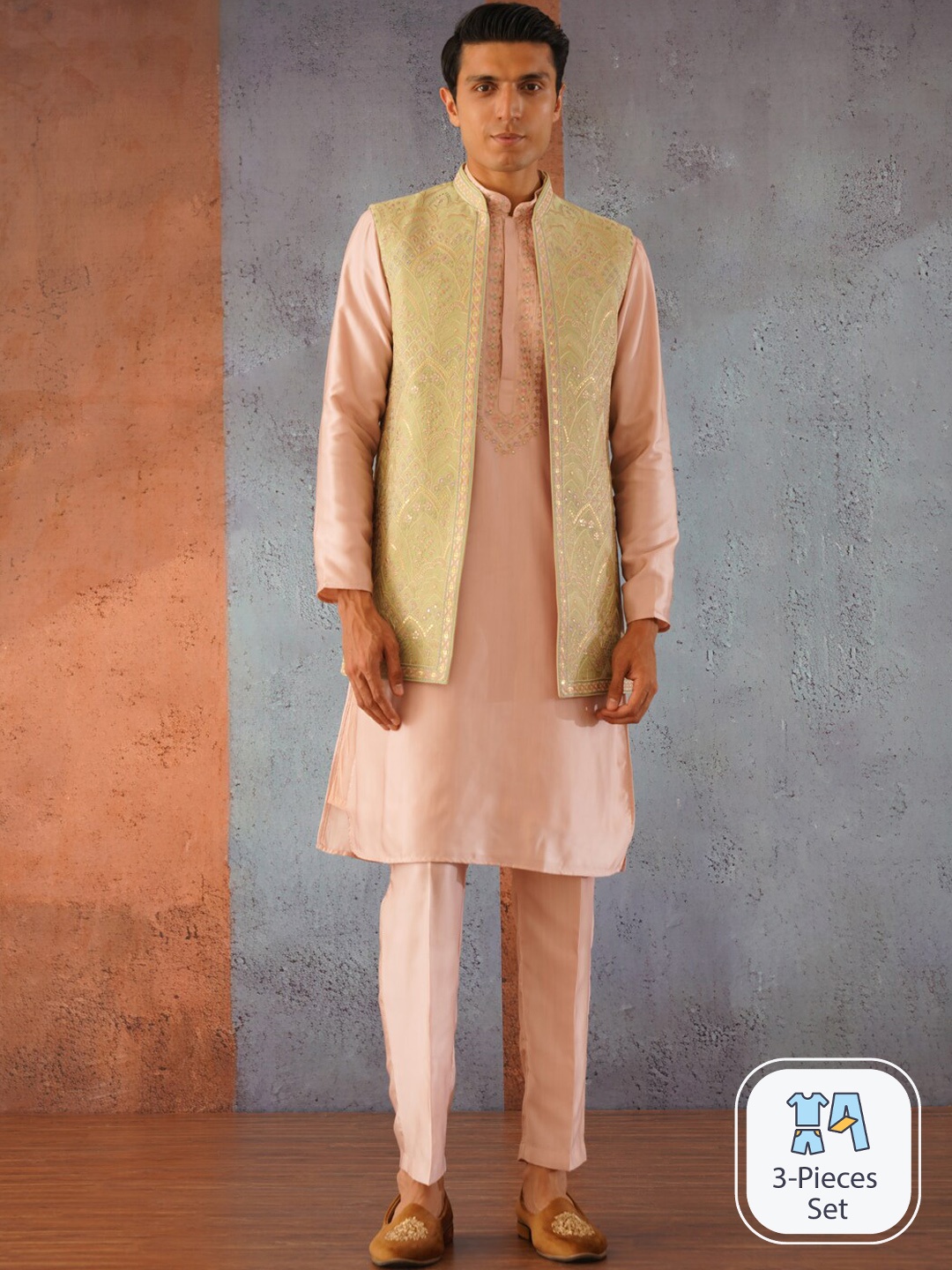 KALPRAAG Multicolored Embroidered Long Open Jacket Kurta Set, Peach