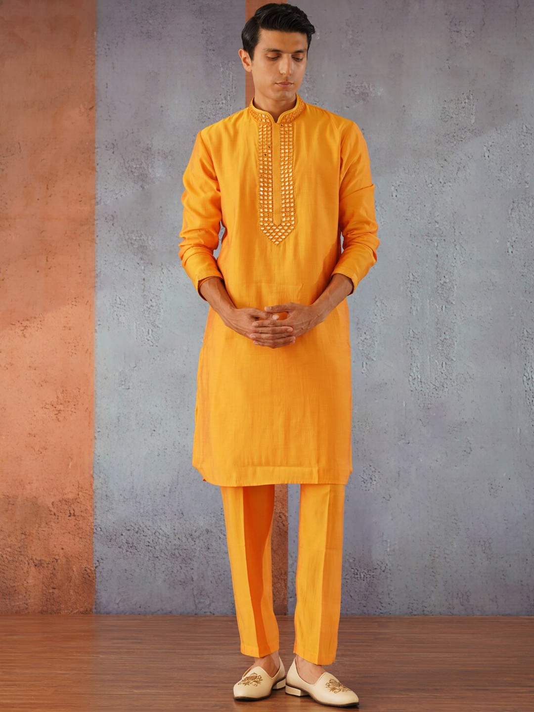 

KALPRAAG Haldi Mirror Embroidered Kurta Set, Mustard