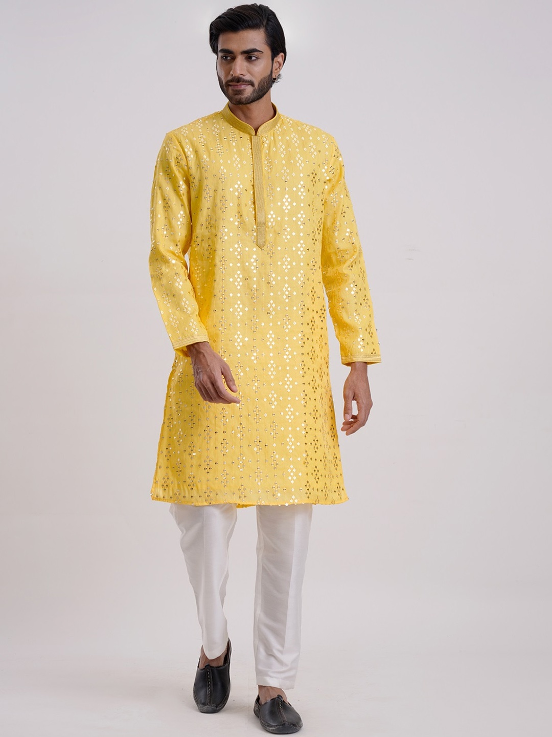 

KALPRAAG Yellow Chinon Silk Sequinned Kurta