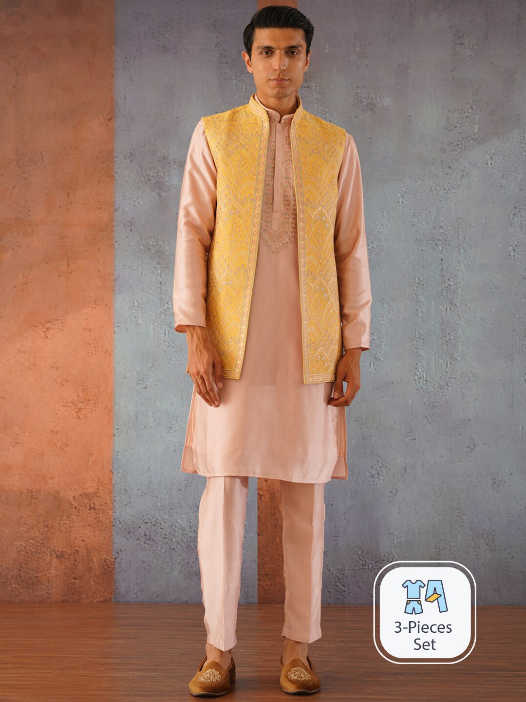 KALPRAAG Multicolored Embroidered Long Open Jacket Kurta Set, Peach