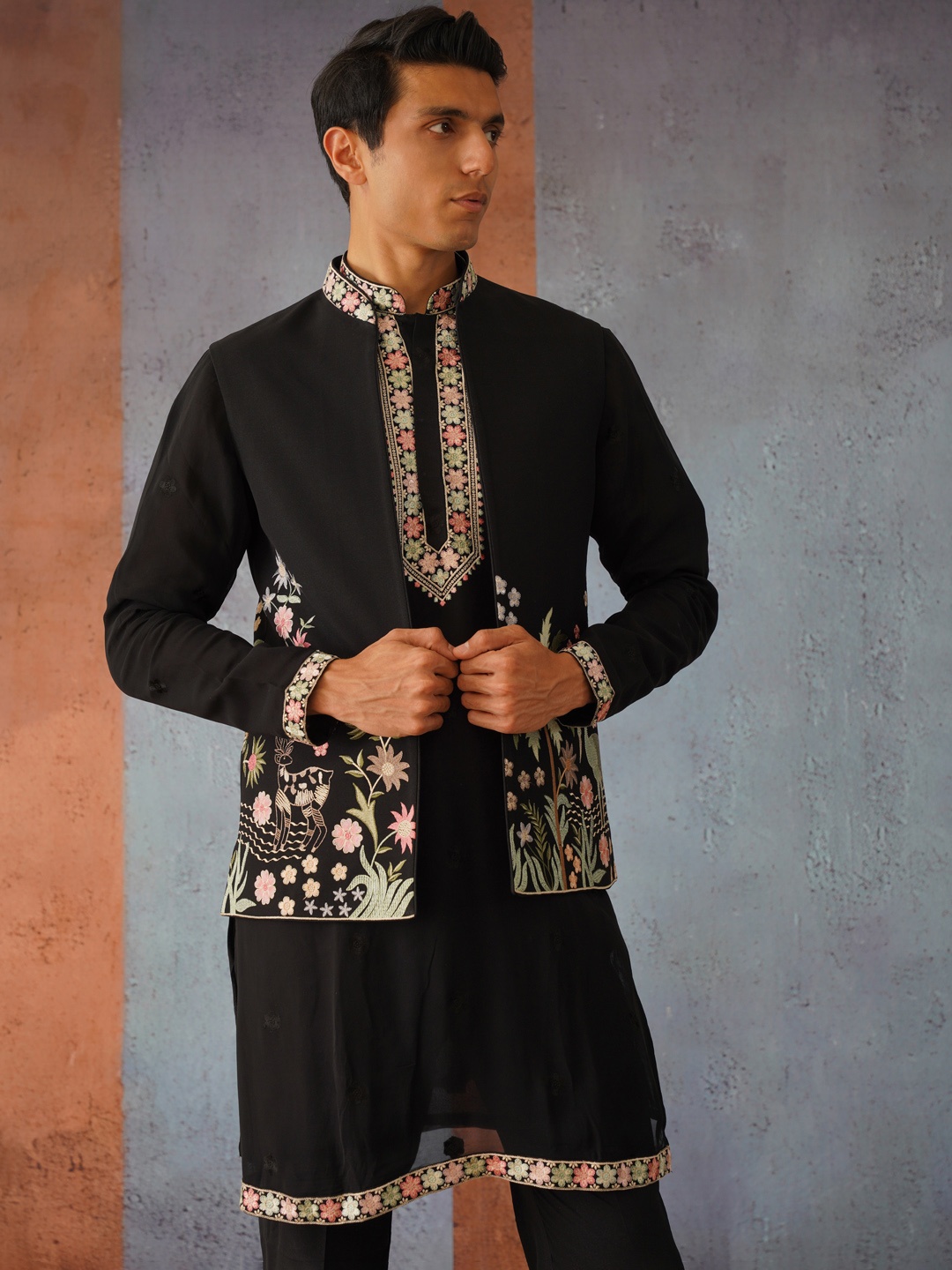 

KALPRAAG Midnight Black Open Jacket Kurta Set
