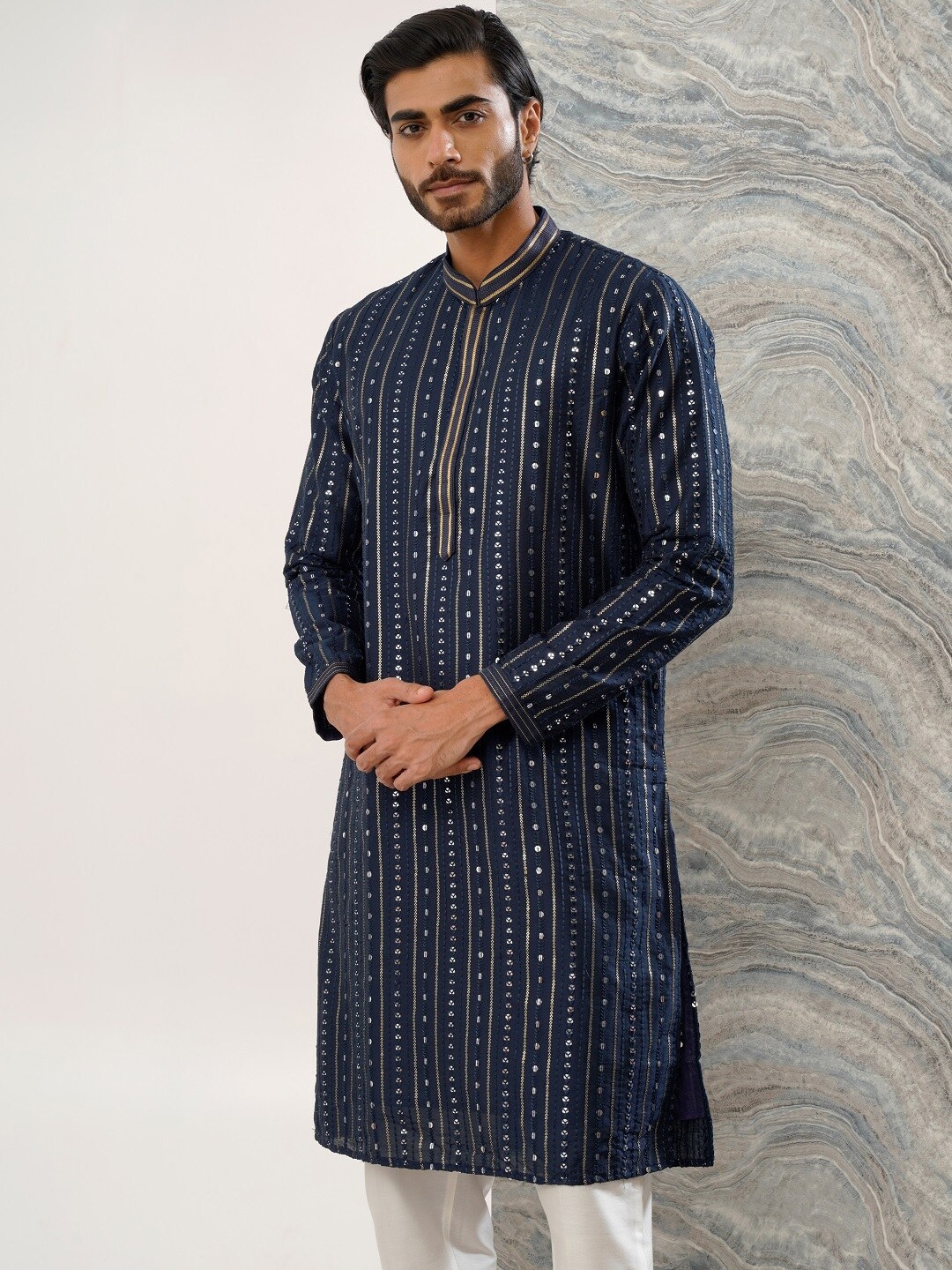 

KALPRAAG Navy Blue Cotton Silk Sequinned Kurta