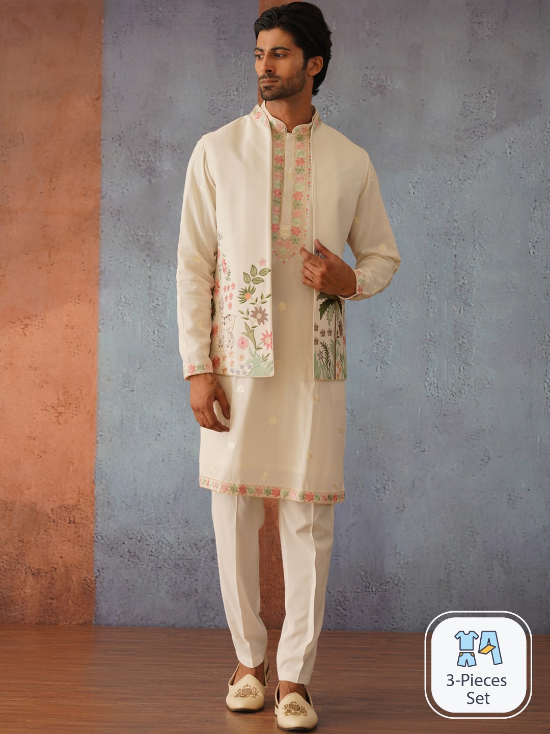 

KALPRAAG Sequinned Emboidered Jacket Kurta Set, Beige