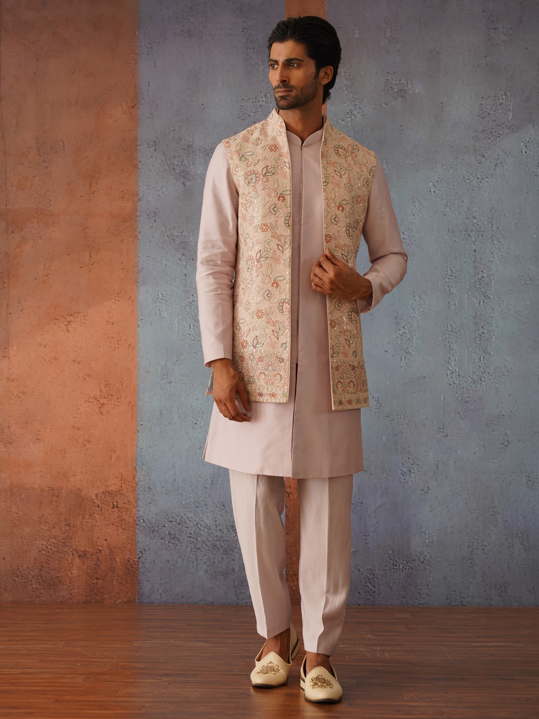 

KALPRAAG Embroidered Long Jacket Kurta Set with Dupatta, Pink