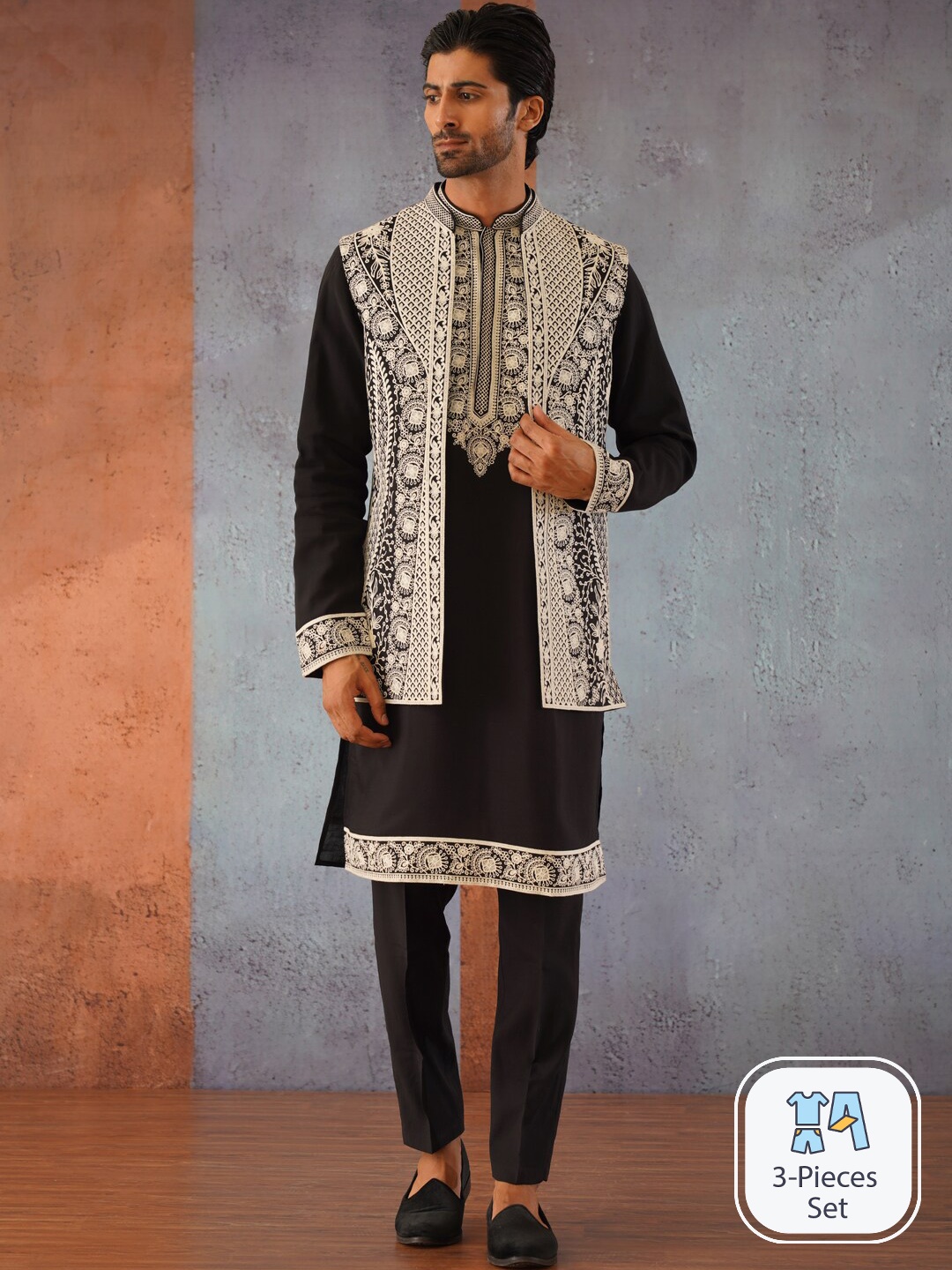 

KALPRAAG Emboidered Long Jacket Kurta Set, Black