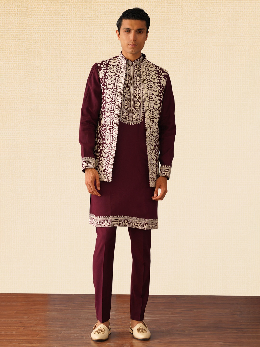 

KALPRAAG Resham Embroidered Long Jacket Kurta Set, Burgundy