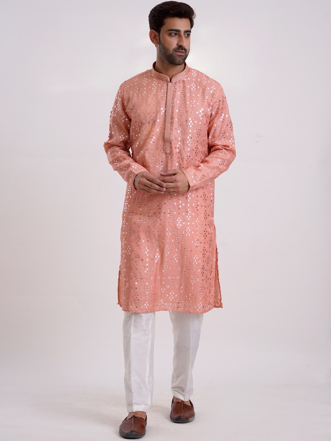 

KALPRAAG Peach Chinon Silk Sequinned Kurta