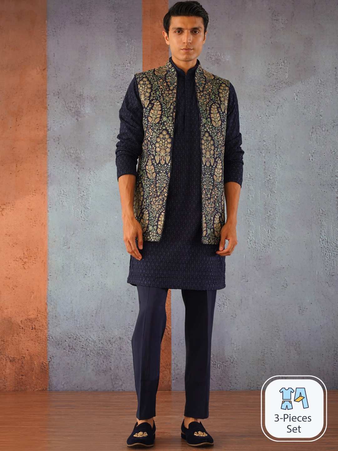 KALPRAAG Enchanting Midnight Blue Kurta With Trousers & Jacket, Navy blue
