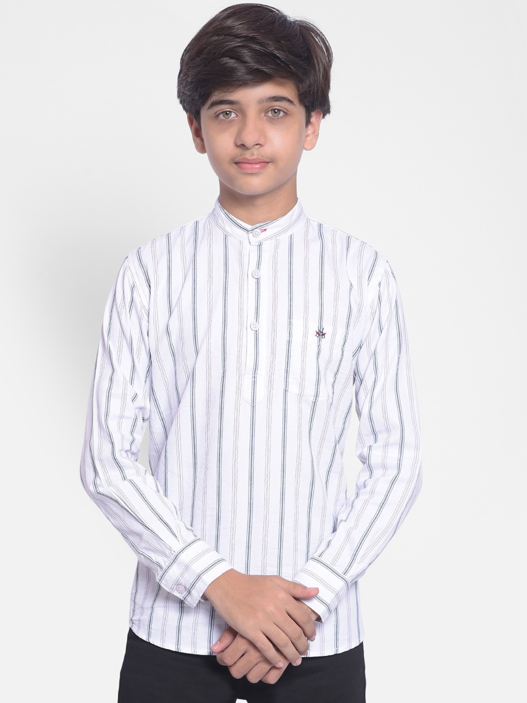 

Crimsoune Club Boys Striped Woven Design Mandarin Collar Pure Cotton Kurta, White