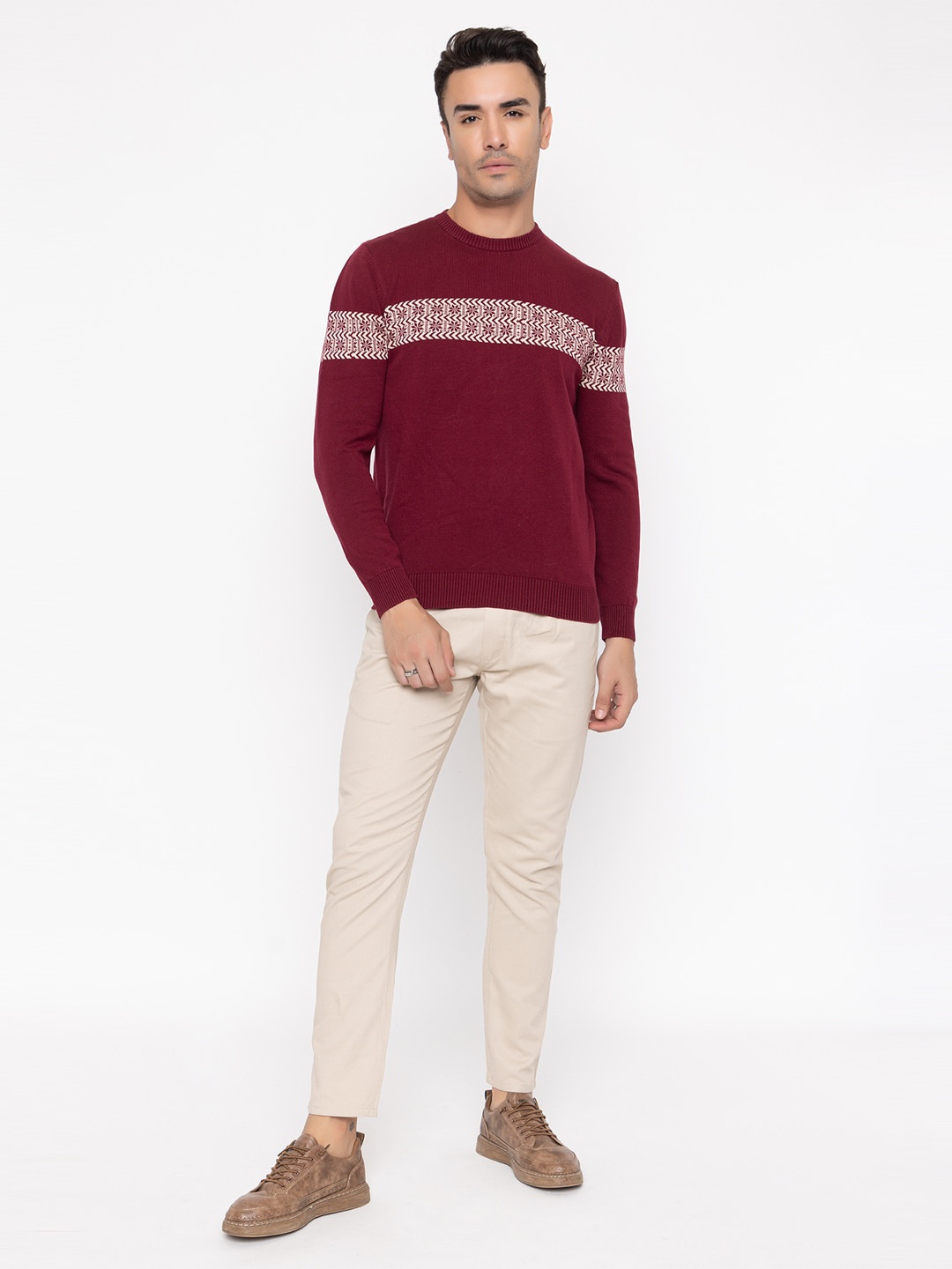 ARMISTO Floral Self Design Pure Cotton Pullover Sweater, Maroon