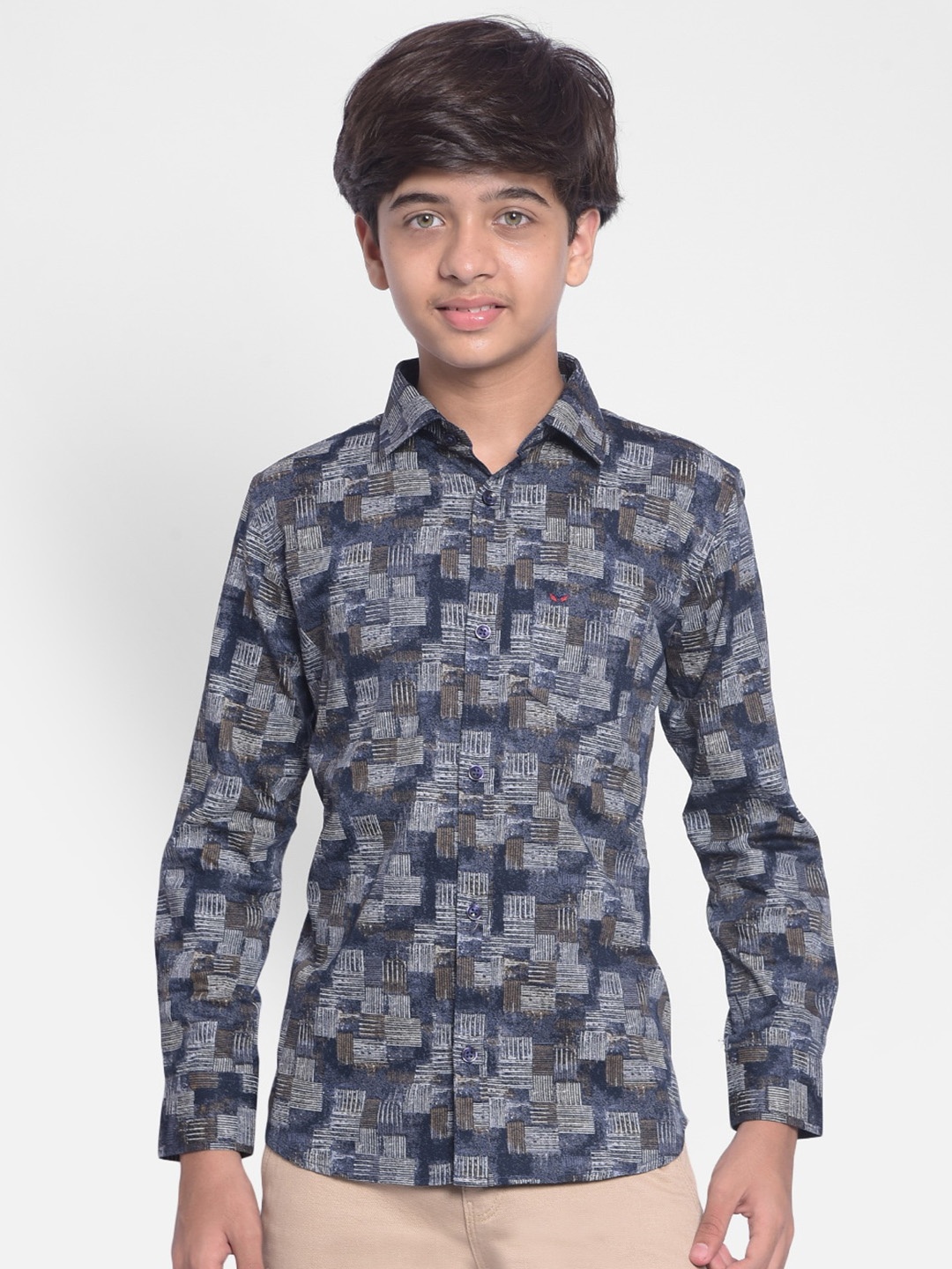 

Crimsoune Club Boys Geometric Printed Slim Fit Pure Cotton Casual Shirt, Navy blue