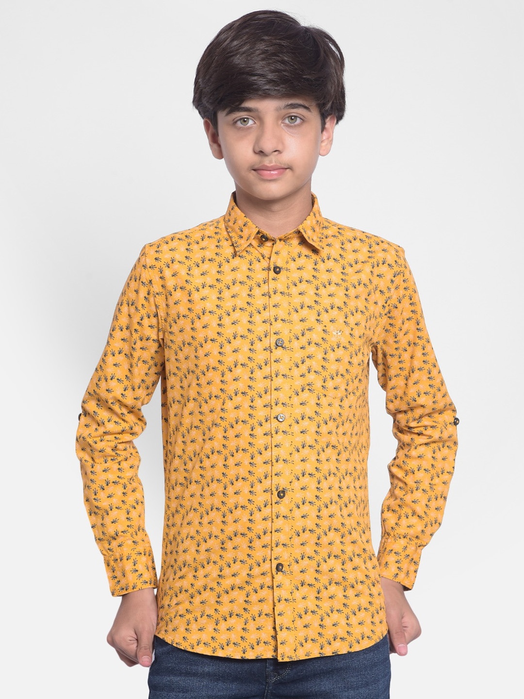

Crimsoune Club Boys Slim Fit Floral Opaque Printed Pure Cotton Casual Shirt, Yellow