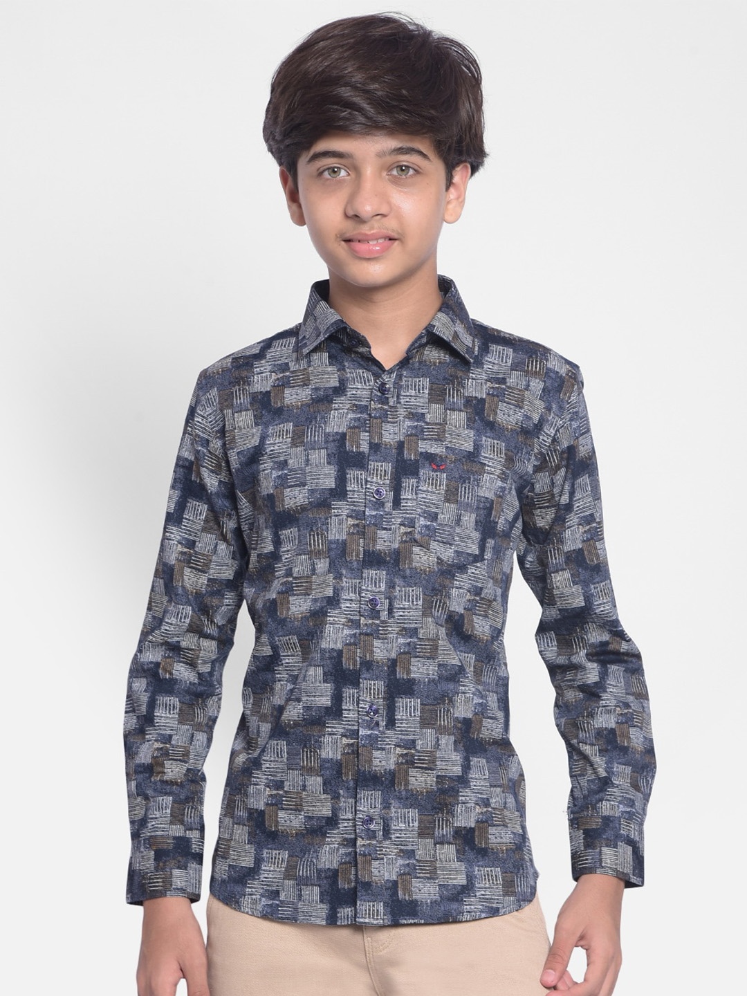 

Crimsoune Club Boys Abstract Printed Slim Fit Cotton Casual Shirt, Navy blue