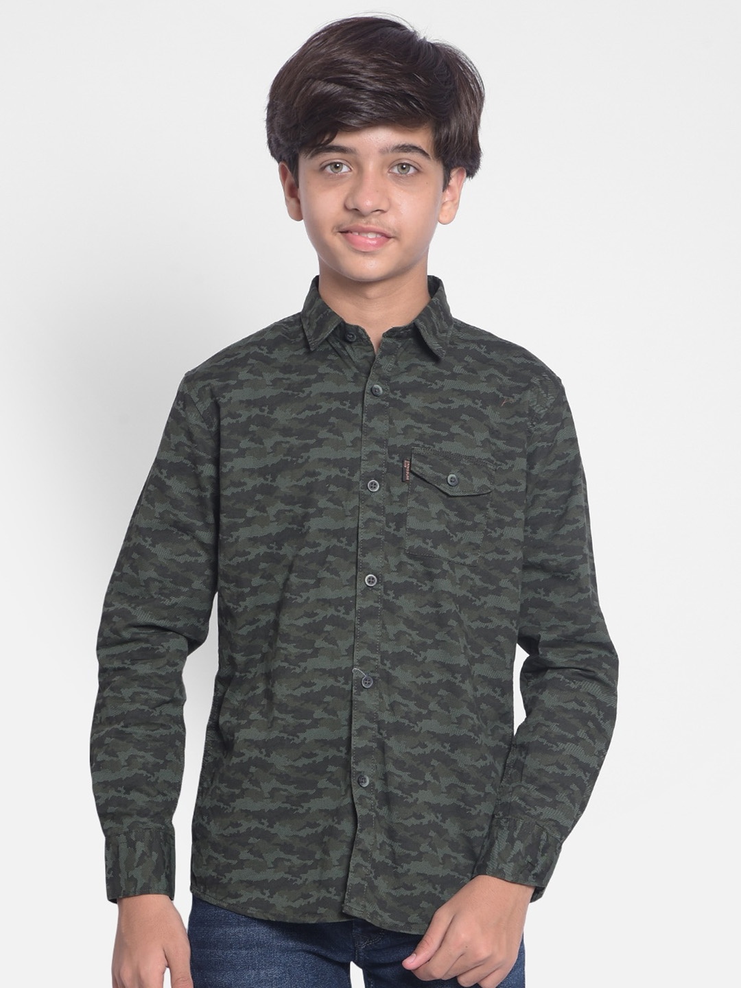 

Crimsoune Club Boys Slim Fit Camouflage Printed Casual Pure Cotton Shirt, Olive